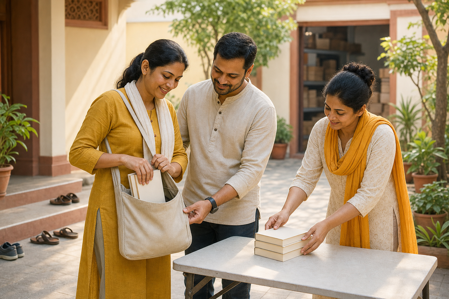 Three volunteers prepare a small, manageable supply of text-free spiritual books in a modest temple courtyard.
