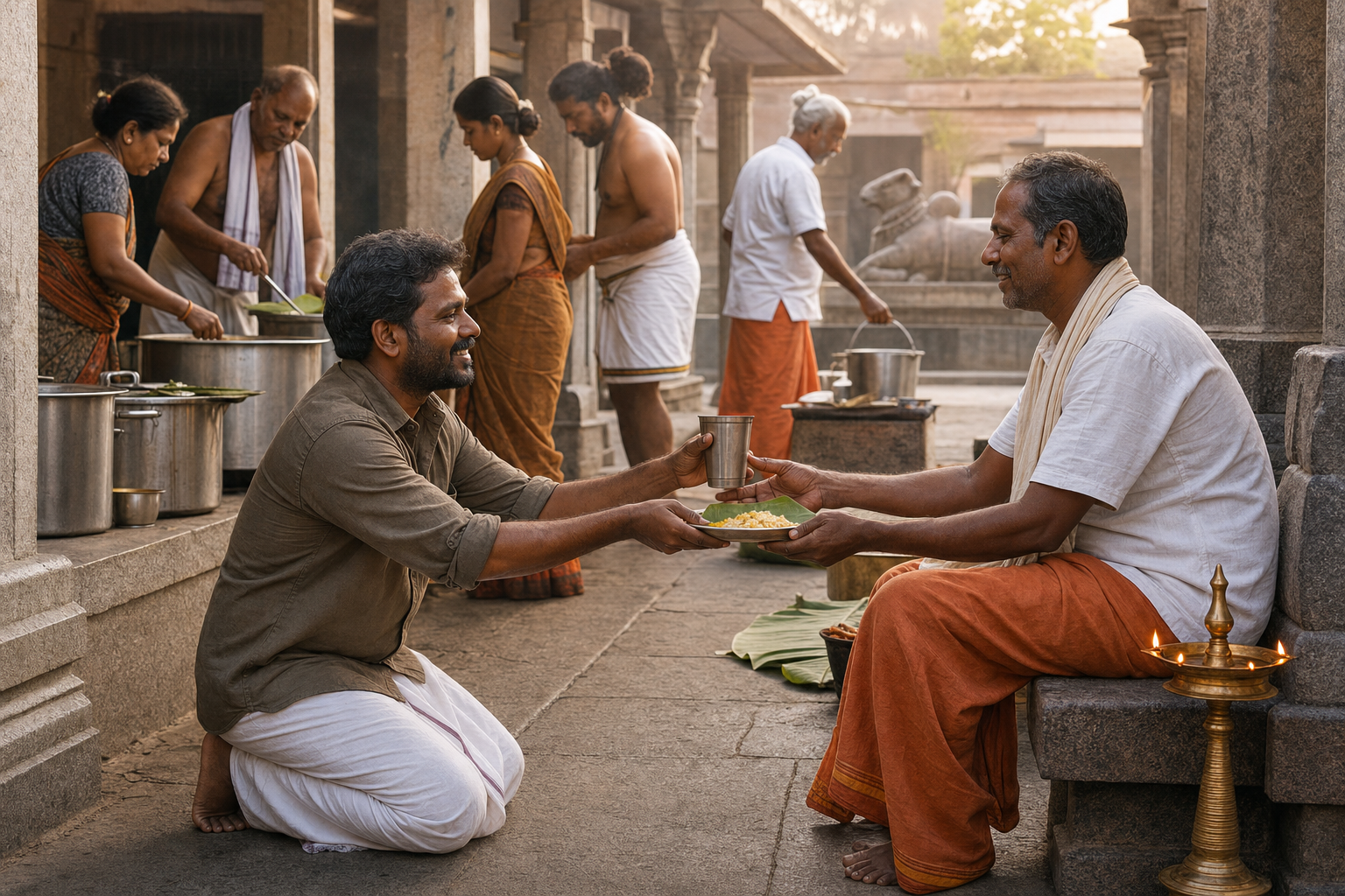 A volunteer offers a meal and water to a seated guest at eye level while other volunteers work in a South Indian temple community kitchen.