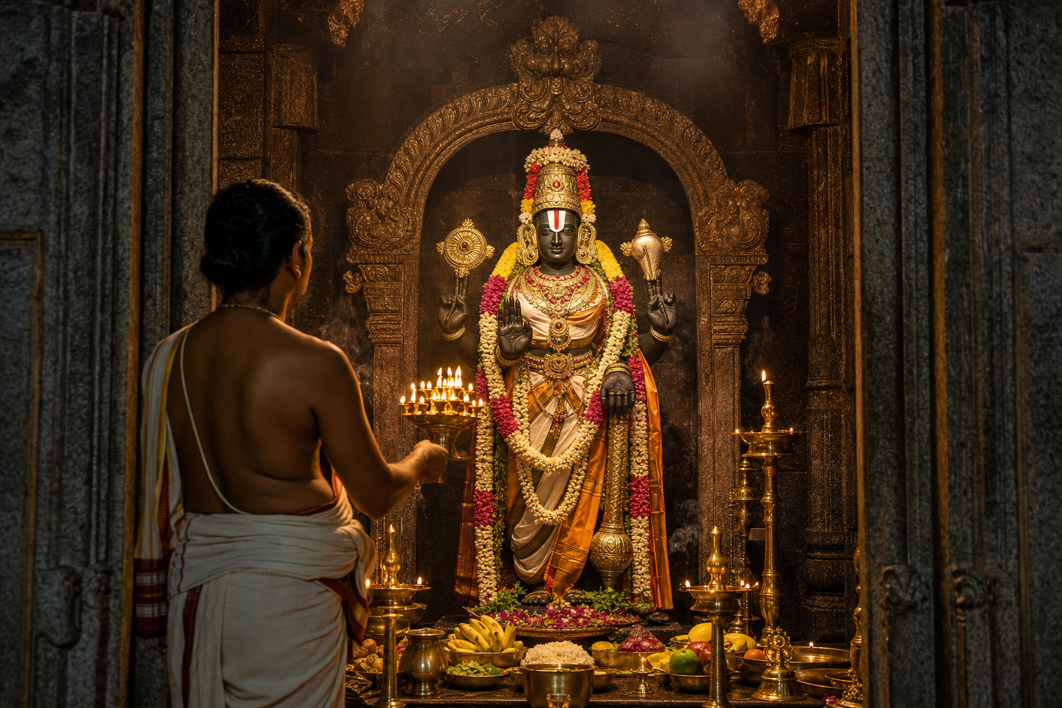 An archaka offers a brass oil lamp to an adorned Vishnu murti inside a carved stone temple sanctum.