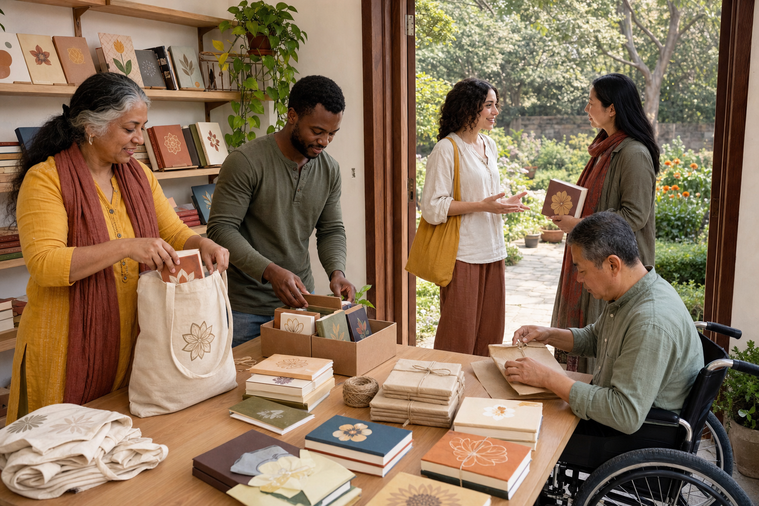 Volunteers pack, organize, prepare, and offer text-free spiritual books in an accessible community workspace beside a garden.