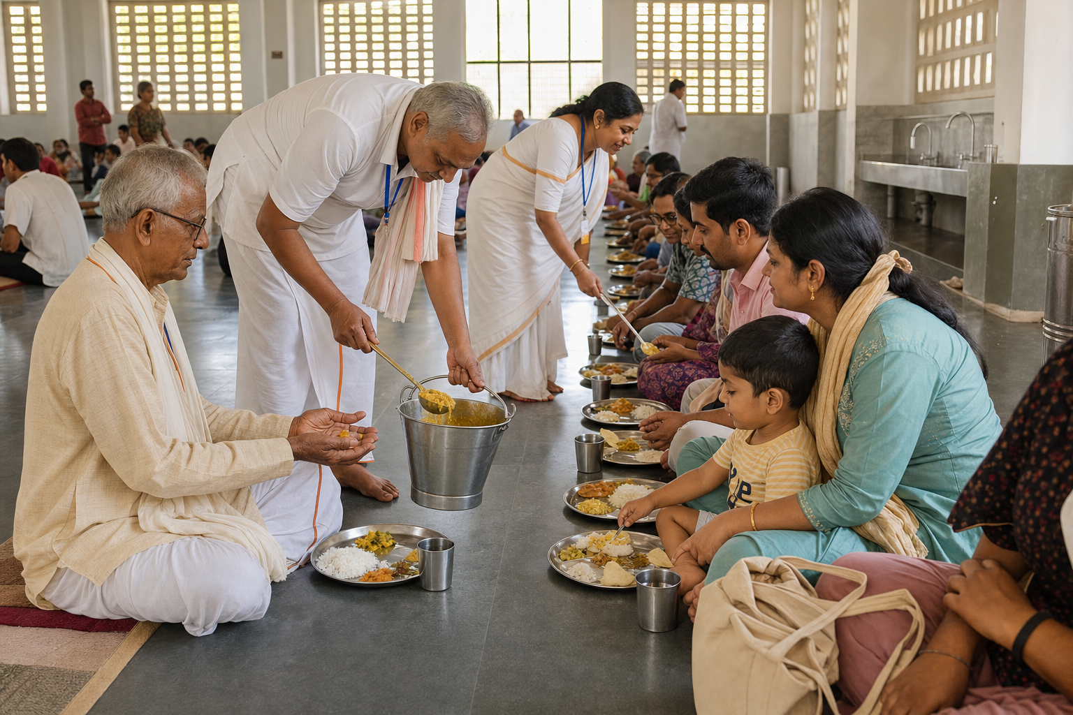 Volunteers respectfully serve equal vegetarian meals to older pilgrims, a family, and other travelers in a clean, accessible dining hall.