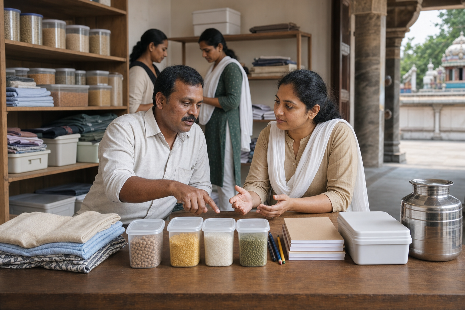 A community member chooses among food, water, clothing, school supplies, and first-aid items while a seated volunteer listens.