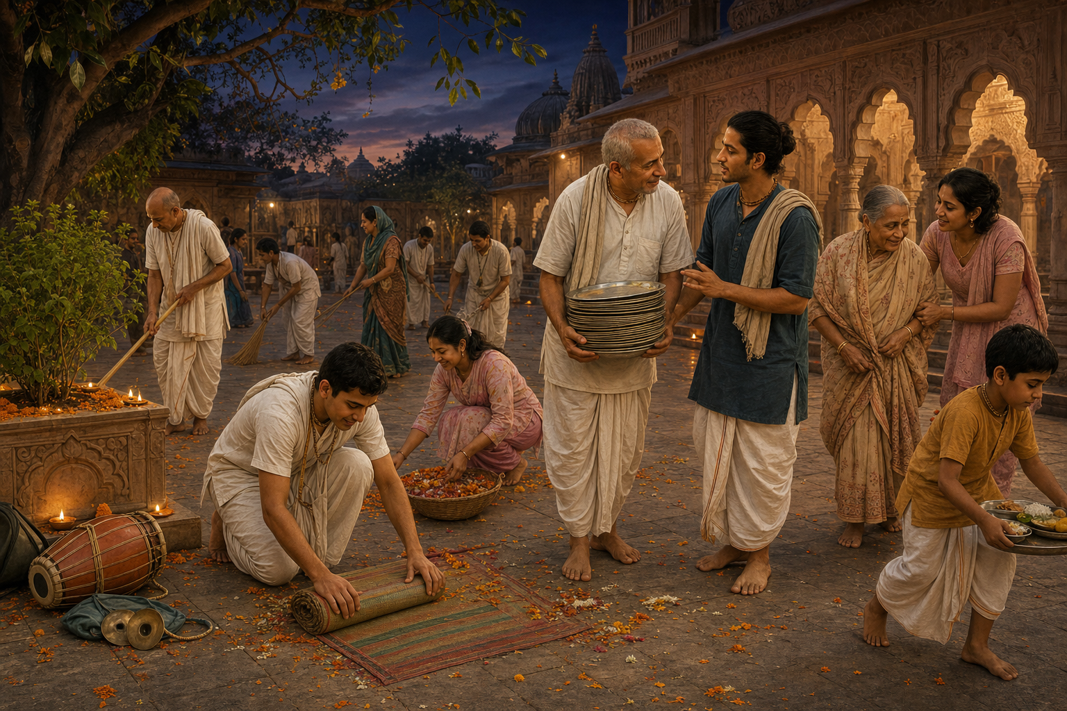 Devotees of different ages clean a Vrindavan temple courtyard, carry meal plates, and help an elderly visitor after an evening kirtan.