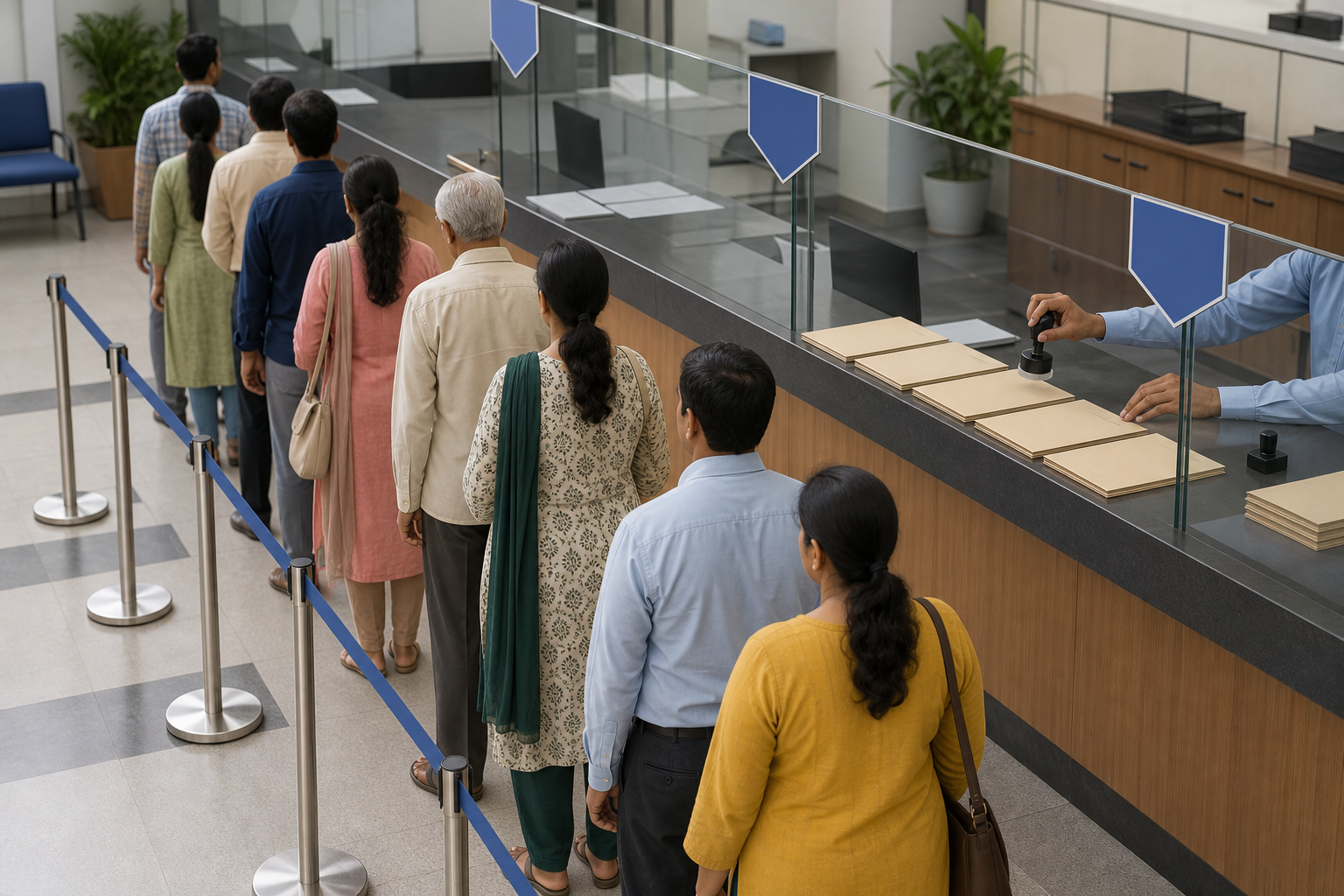 Citizens wait in one queue while identical unmarked case files are processed uniformly at a public-service counter.