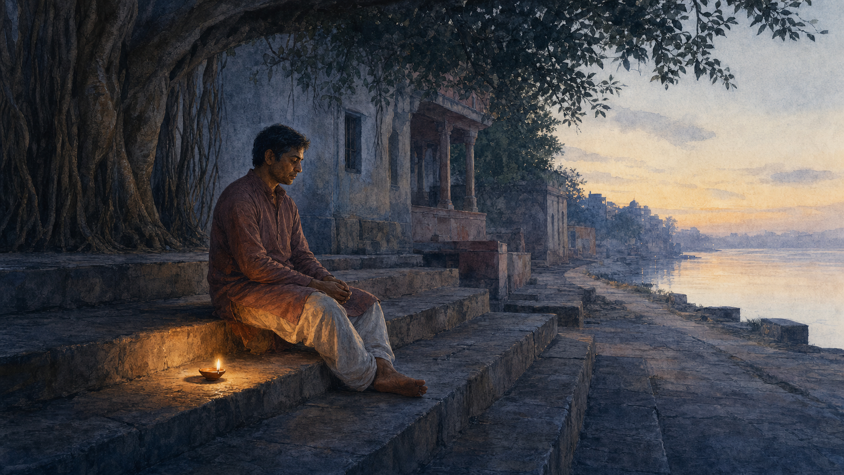A weary person sits on riverside stone steps at dawn beside a small glowing clay lamp and a banyan tree.