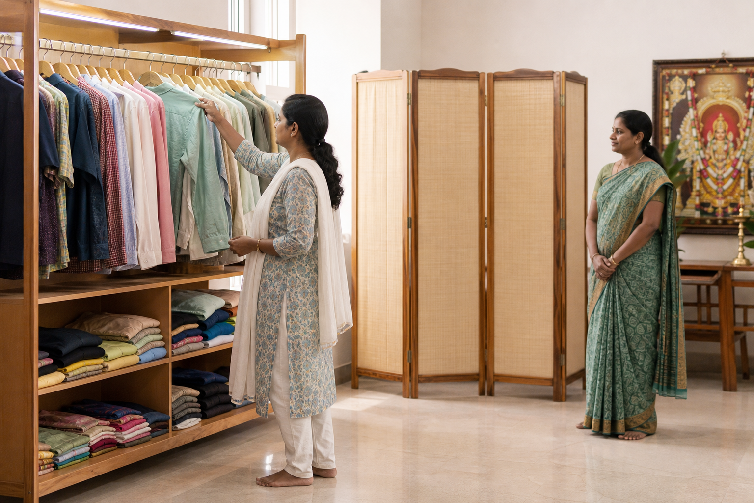 A guest selects a clean garment from a clothing rack beside a private changing screen while a volunteer waits respectfully nearby.
