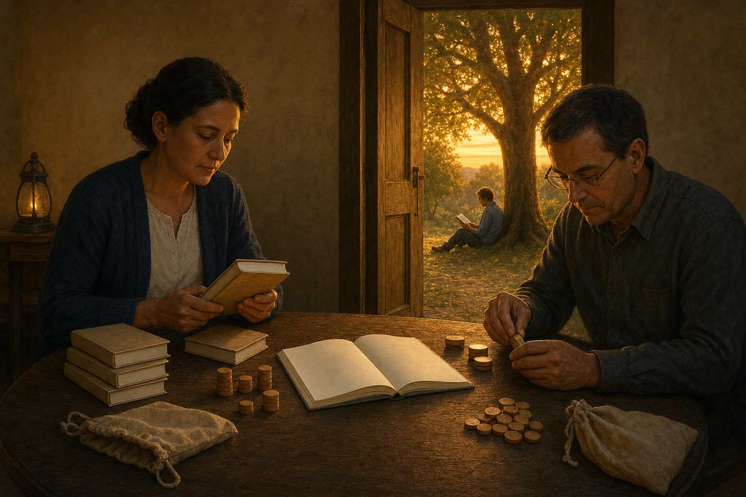 Two volunteers reconcile remaining text-free books at a table while a reader studies a book beneath a tree outside.