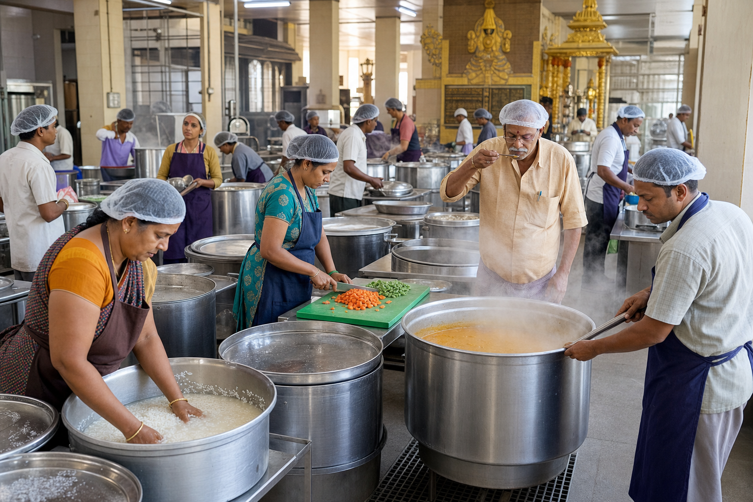Cooks and volunteers coordinate rice, vegetables, and sambar preparation in a clean, organized temple community kitchen.