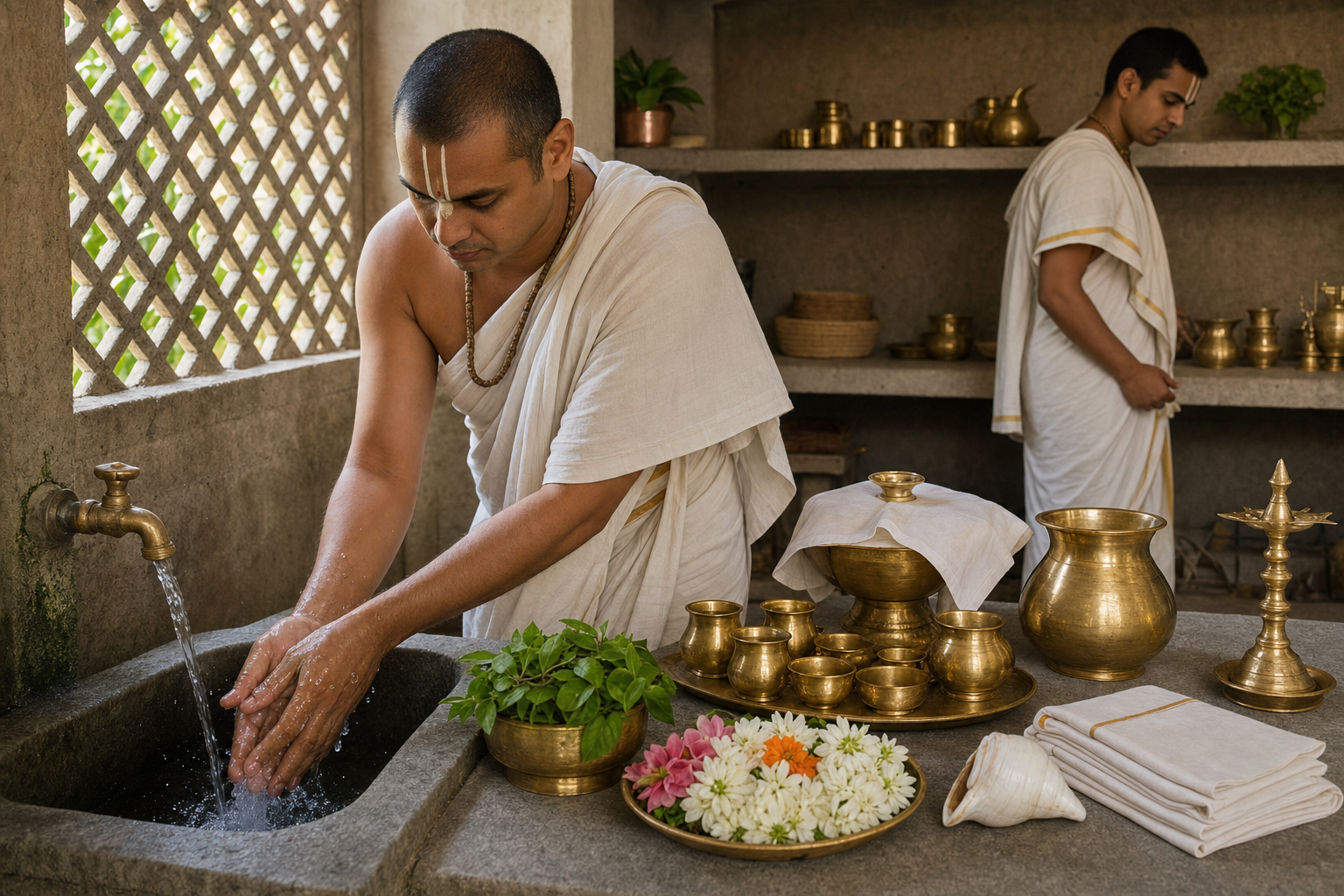 A temple priest washes his hands beside neatly arranged brass vessels, flowers, tulasi leaves, cloths, and covered offerings.