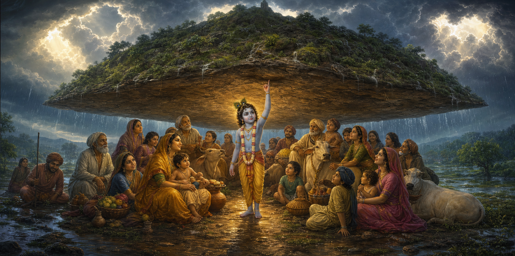Krishna holds Govardhana Hill above villagers and cows who shelter together from heavy monsoon rain.