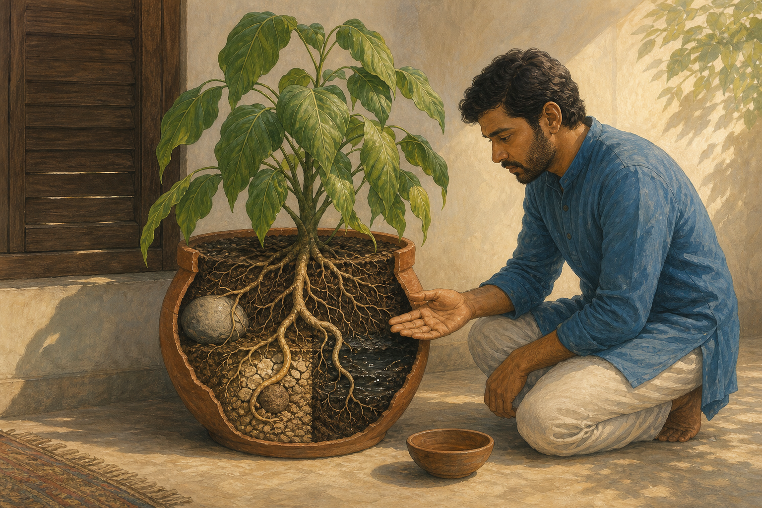 A person examines the exposed roots of a drooping potted plant, where stones, dry soil, excess water, and shade affect different roots.
