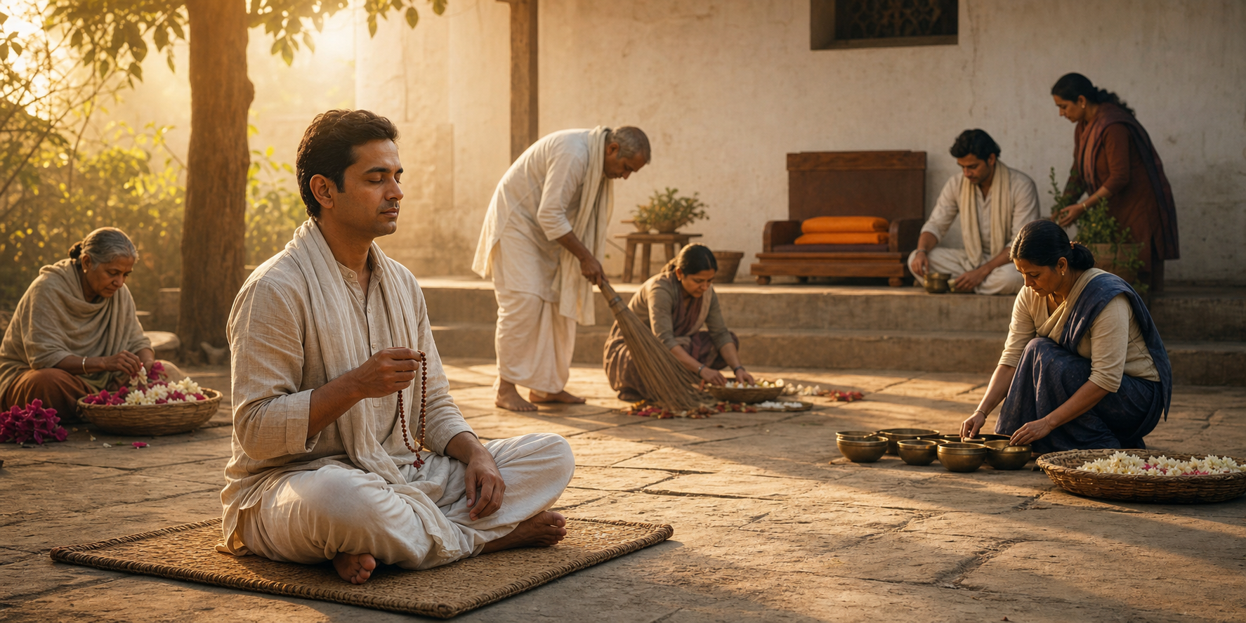 A practitioner with prayer beads sits at dawn while members of a spiritual community prepare flowers, sweep the courtyard, and arrange bowls nearby.