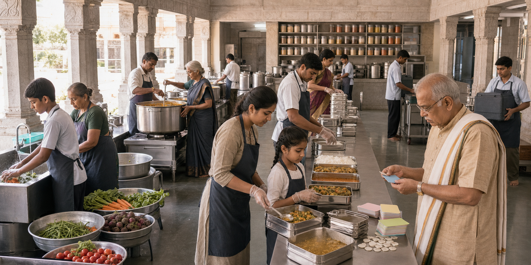 Volunteers wash, cook, portion, pack, and prepare meals for delivery in an orderly South Indian temple community kitchen.