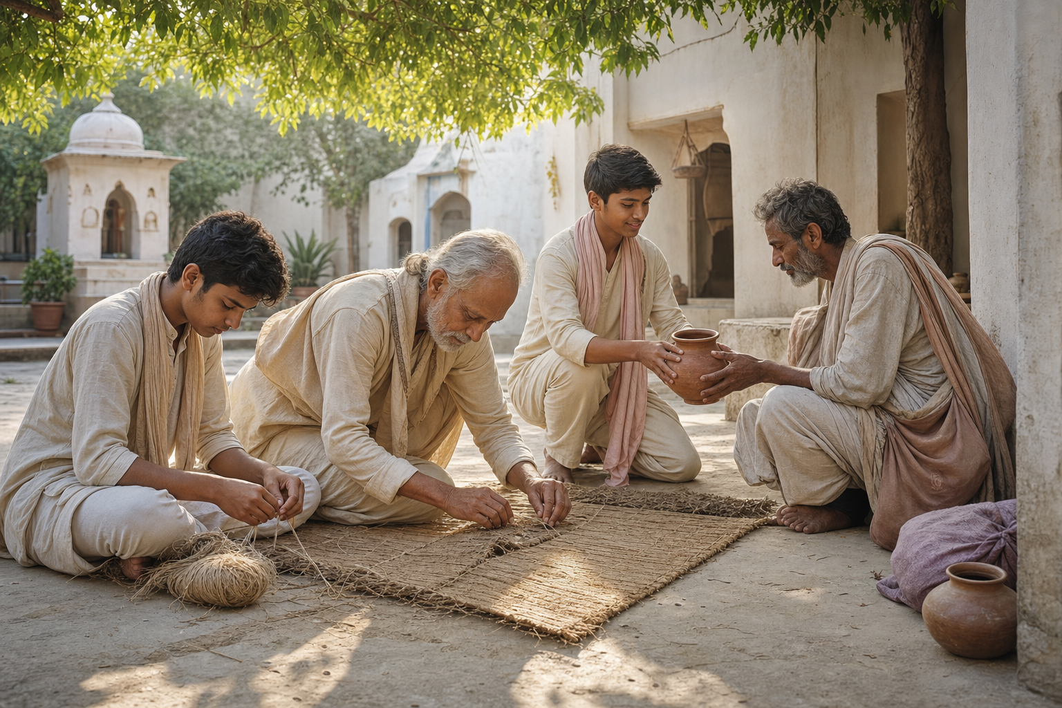 An elderly teacher and two younger students mend a floor mat and offer water to a pilgrim in an ashram courtyard.