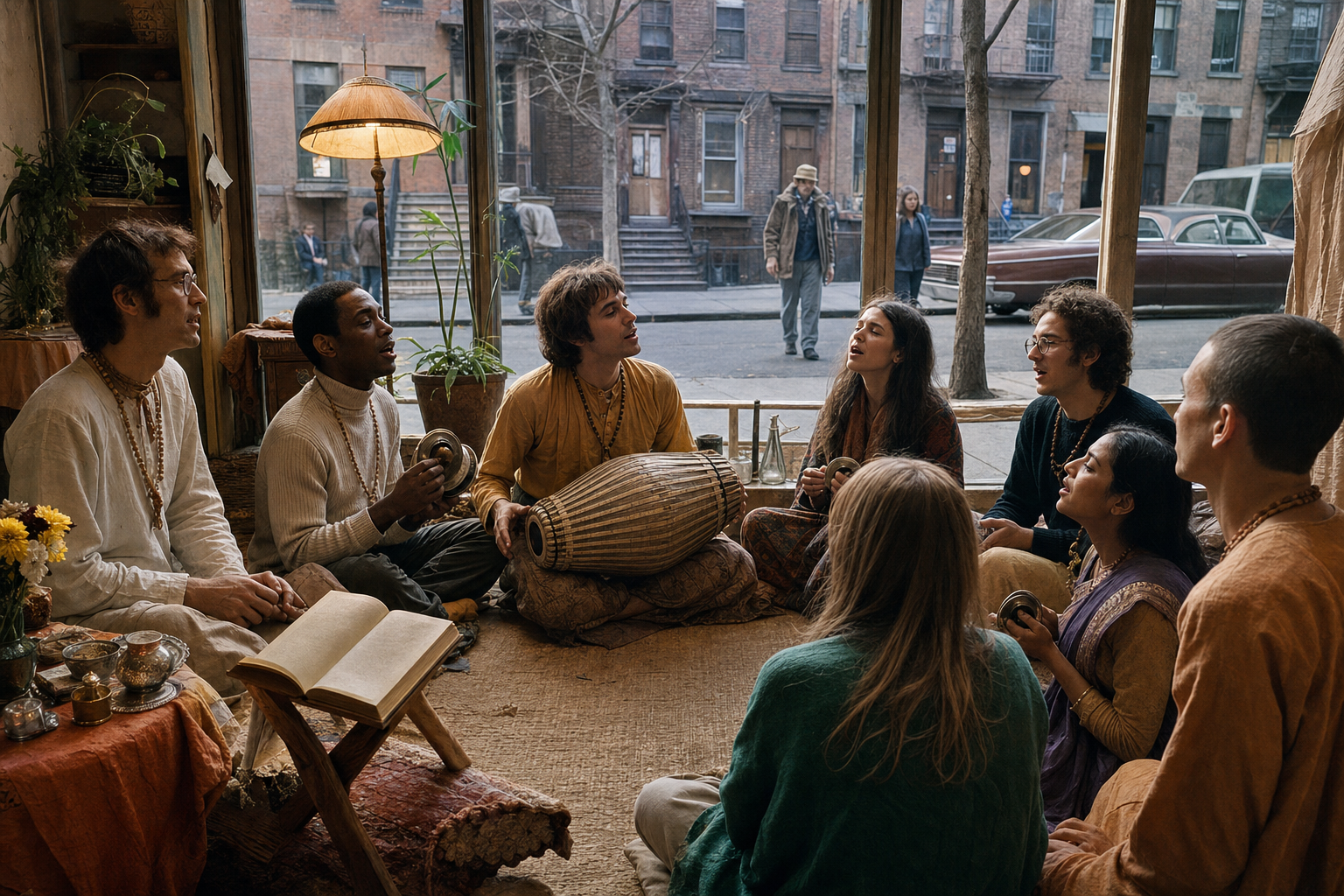 A diverse group gathers for devotional music and study inside a small late-1960s Lower East Side storefront.