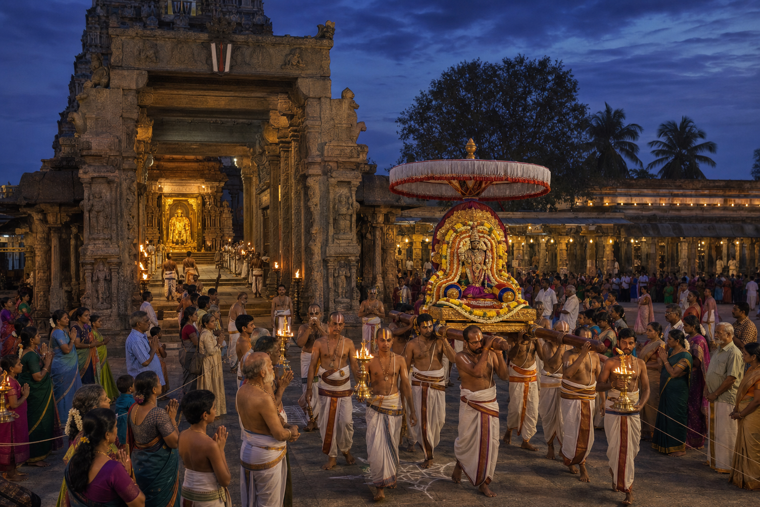 A decorated portable Vishnu image is carried through the pillared courtyard of a stone temple during an evening festival procession.
