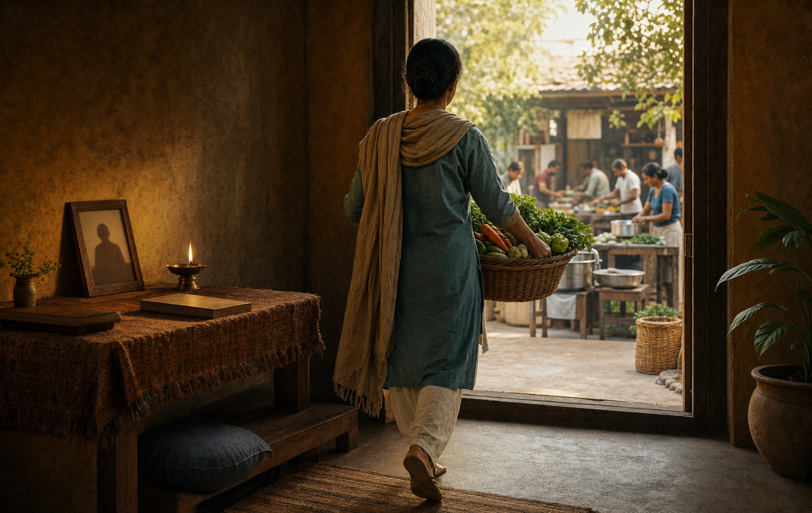 A practitioner leaves a small shrine room carrying vegetables toward a community kitchen, with an elder teacher's portrait softly visible behind them.