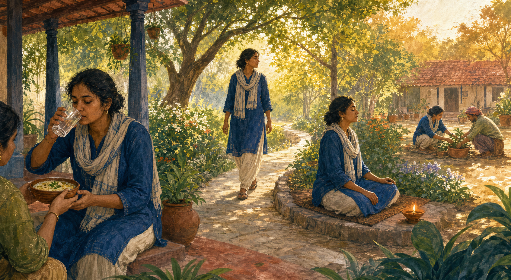 Successive scenes along one garden path show a tired person taking water and food, walking in sunlight, sitting quietly, and helping another gardener.