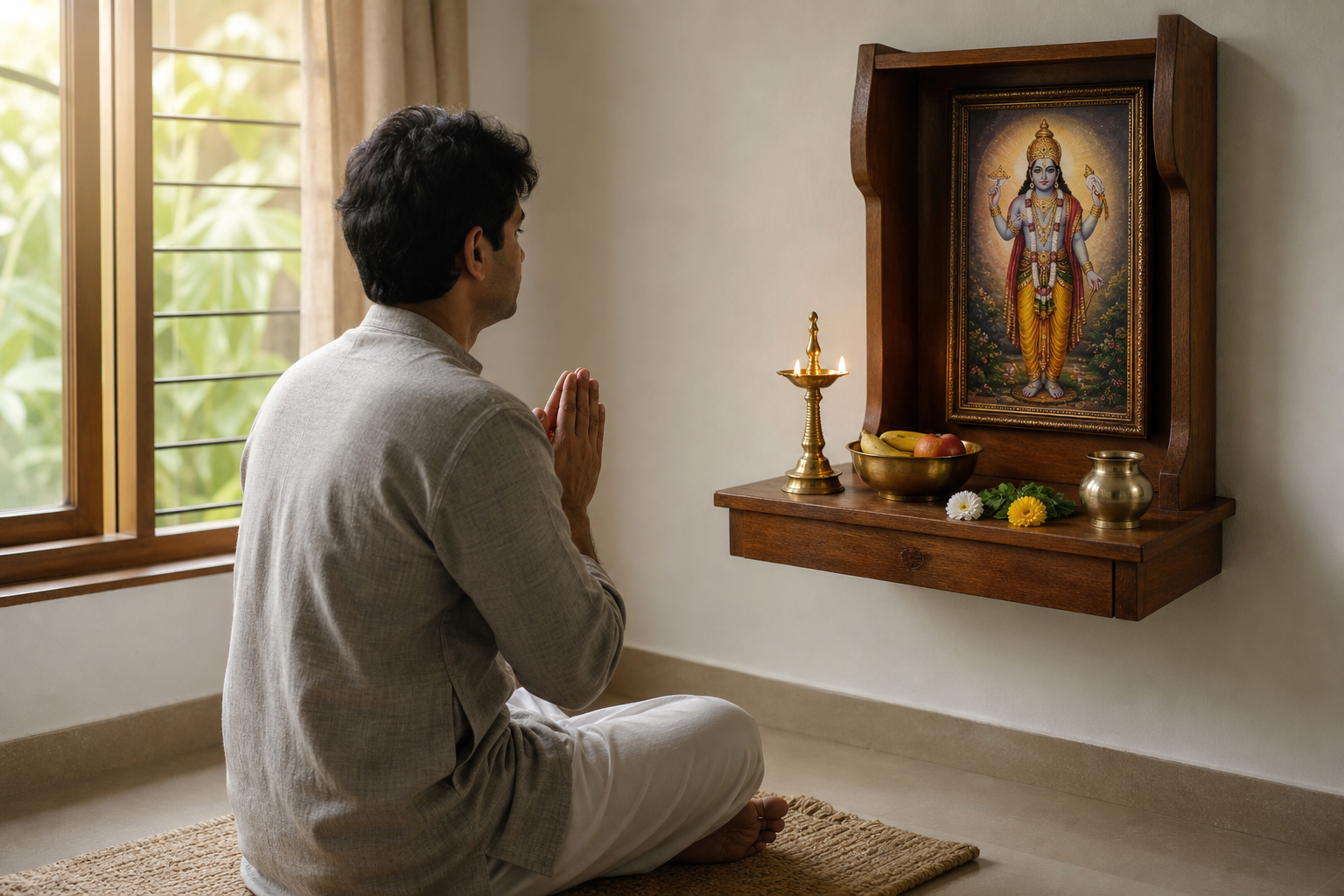 A devotee offers a small brass lamp, fruit, water, tulasi leaves, and flowers at a simple household Vishnu shrine.