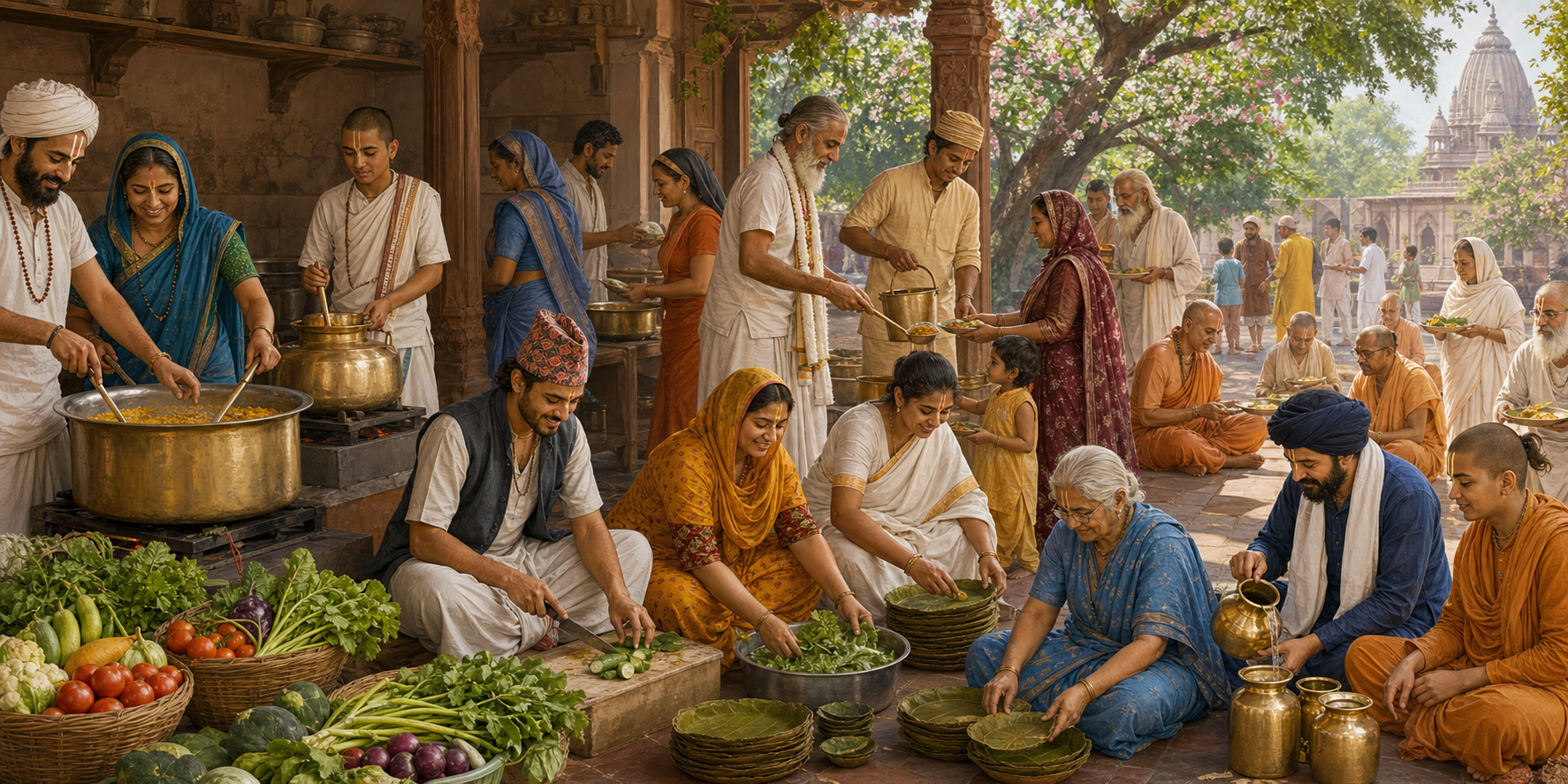 People in varied regional and devotional dress cook, prepare leaf plates, carry water, and serve a communal meal in a Vrindavan courtyard.