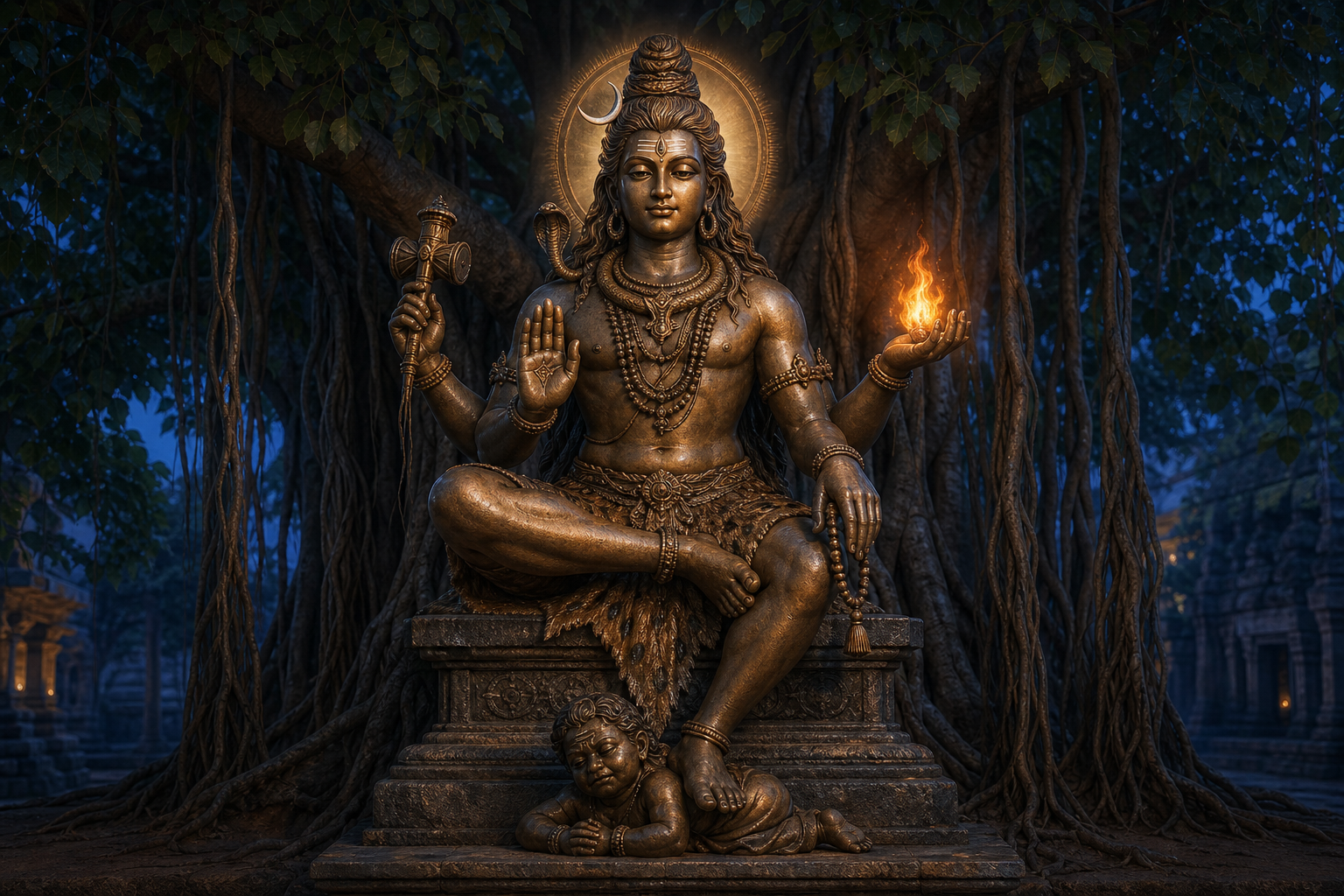 Four-armed Dakshinamurti sits beneath a banyan tree, holding a small flame and making a teaching gesture while one foot rests over a figure representing ignorance.