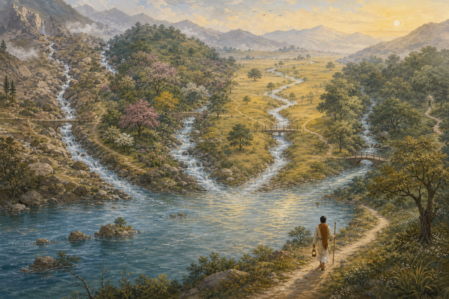 Four streams from different landscapes merge into one river while a traveler follows a single path along its bank.