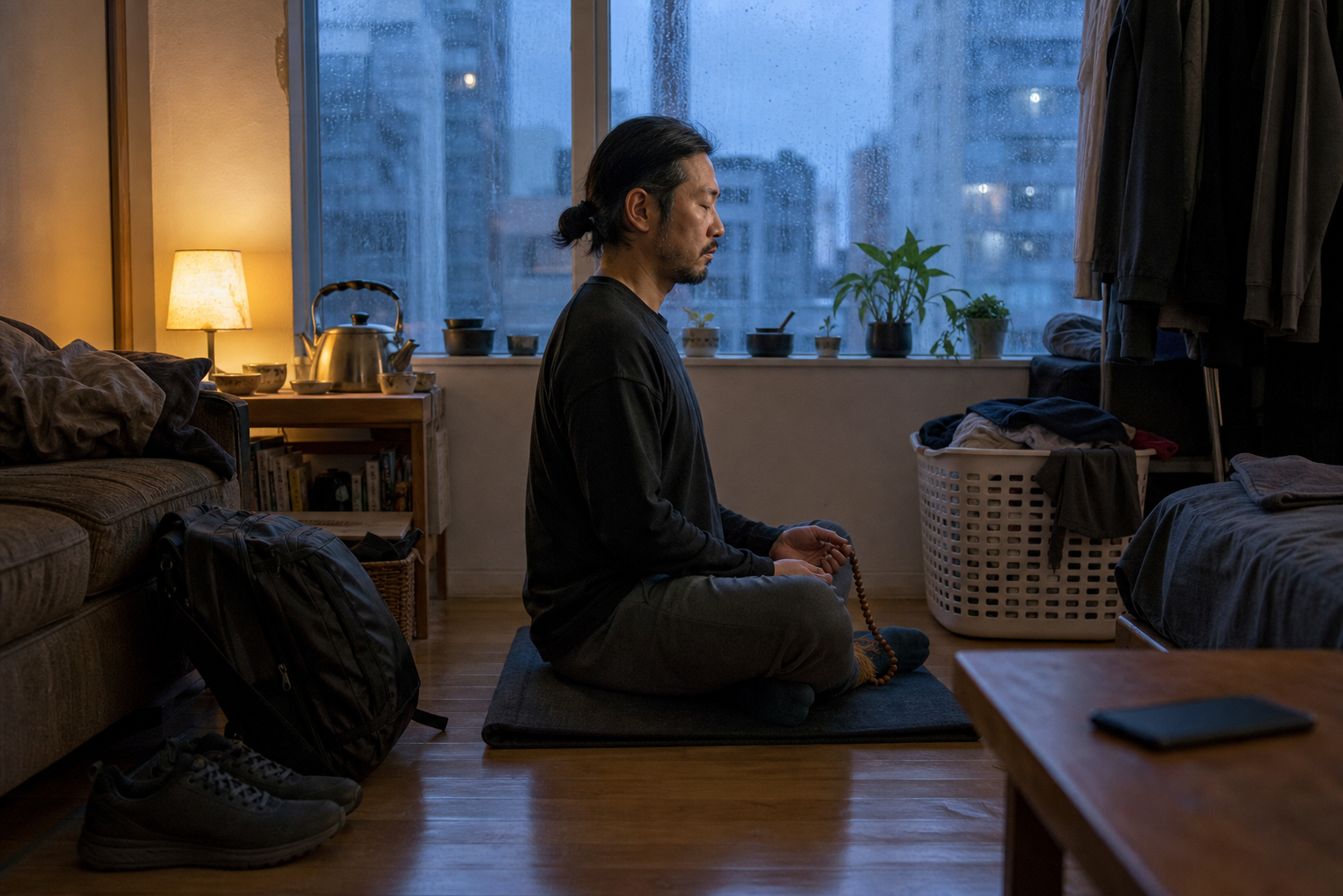 A practitioner meditates with prayer beads in a lived-in apartment beside a work bag, kettle, laundry basket, and face-down phone.