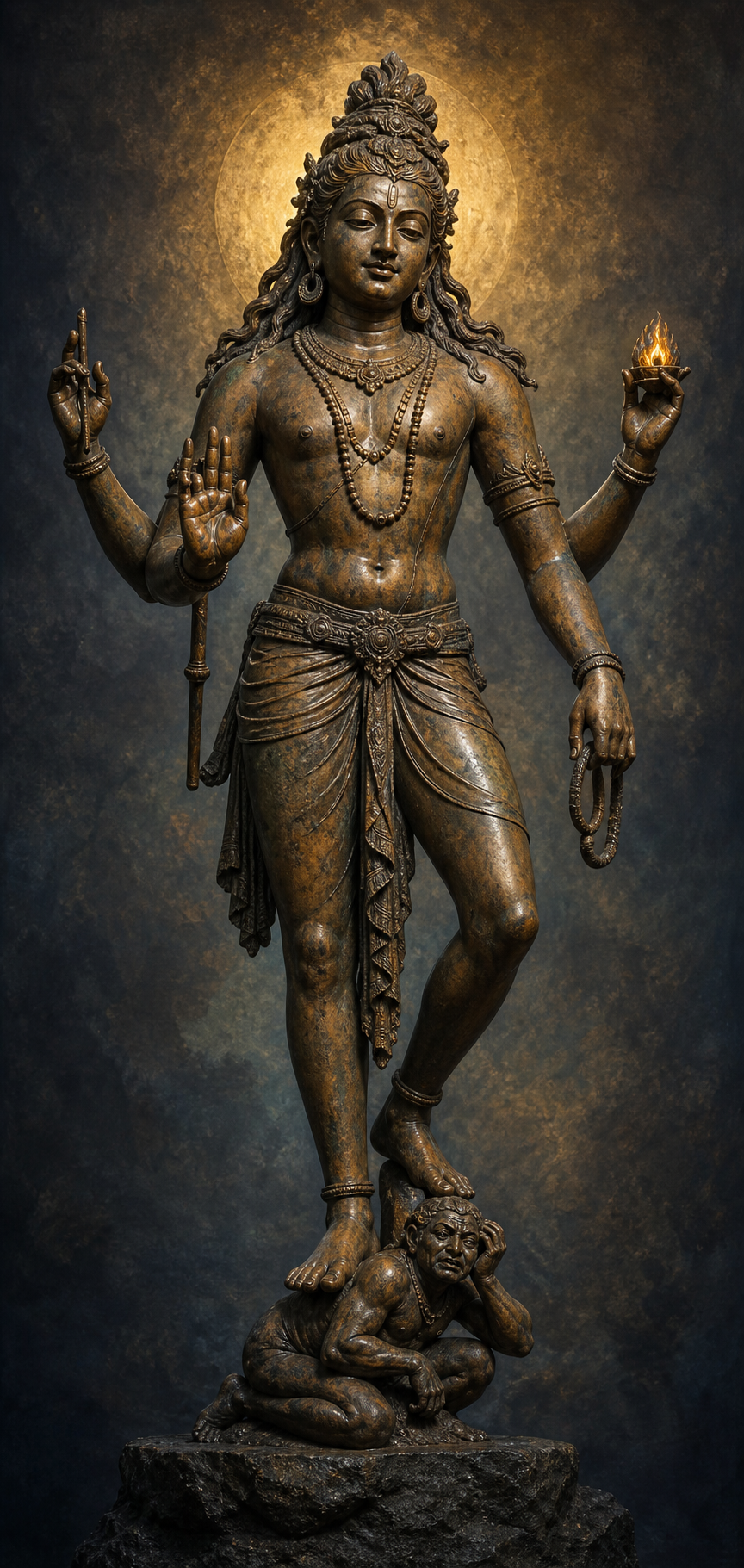 A full-length study of Samhara Dakshinamurti rises from a subdued figure beneath his foot to symbolic hands and a calm, illuminated face.