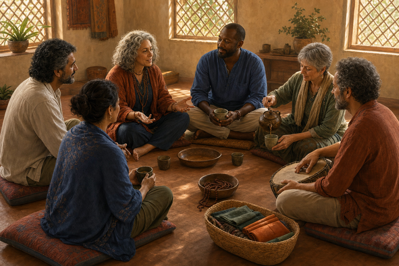 Six adults sit in a circle in a community room, listening to one another beside prayer beads, a drum, tea, bowls, and folded cloth.