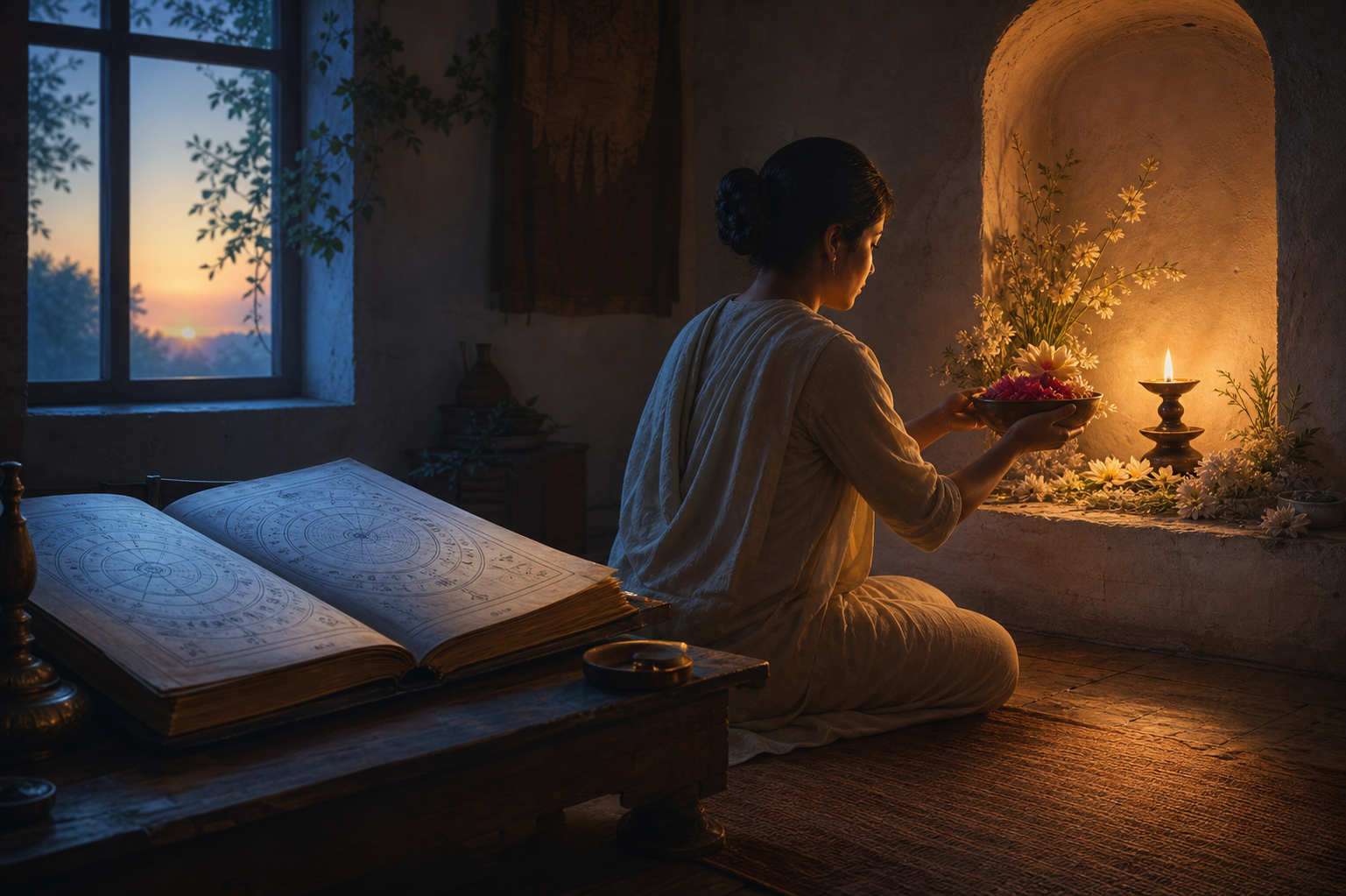 A devotee offers flowers before a small illuminated shrine while an open manuscript with abstract celestial linework rests nearby.