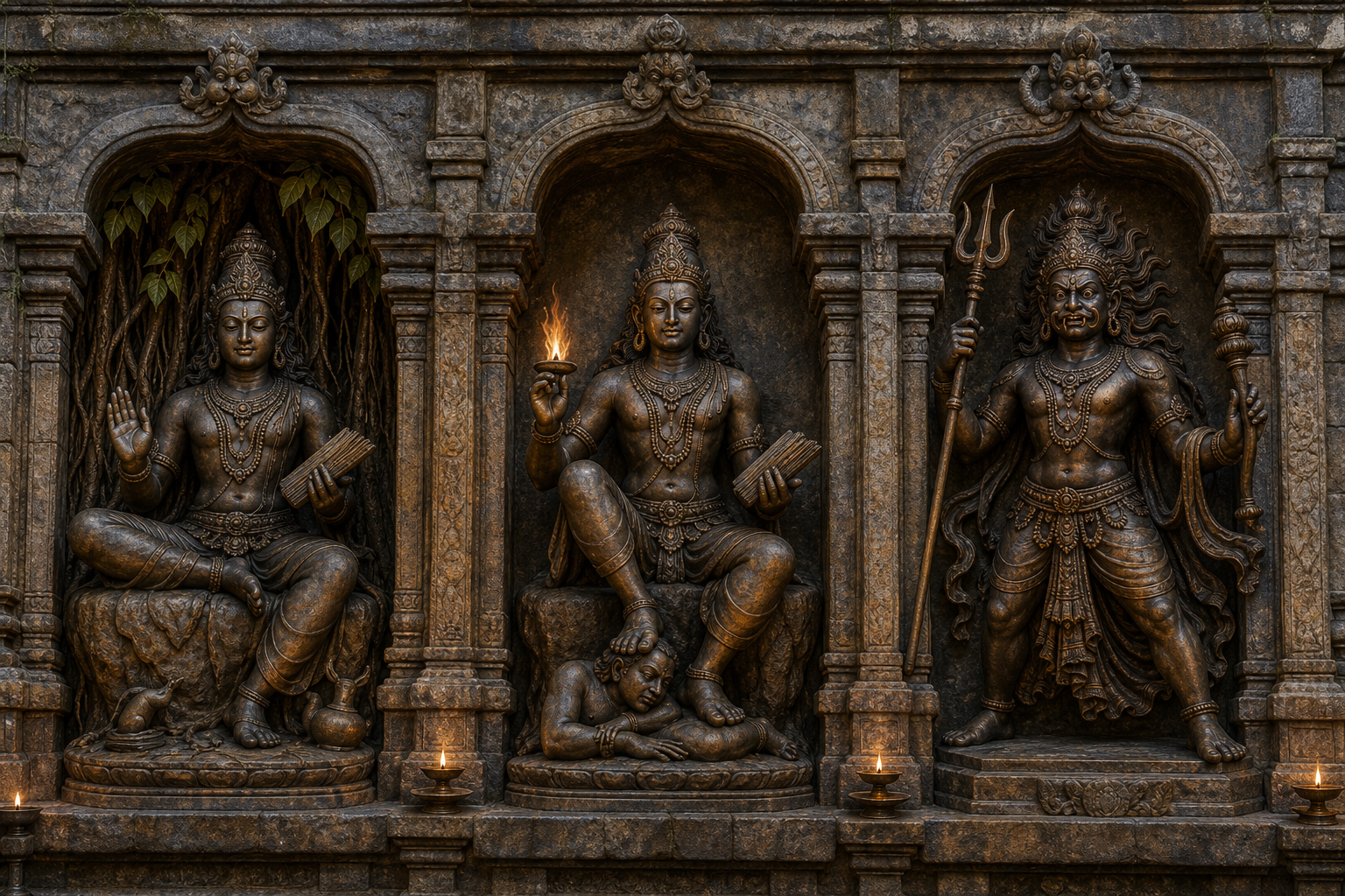 Three temple niches show a serene teaching Dakshinamurti, a flame-bearing Samhara Dakshinamurti, and a more dynamic wrathful guardian form.