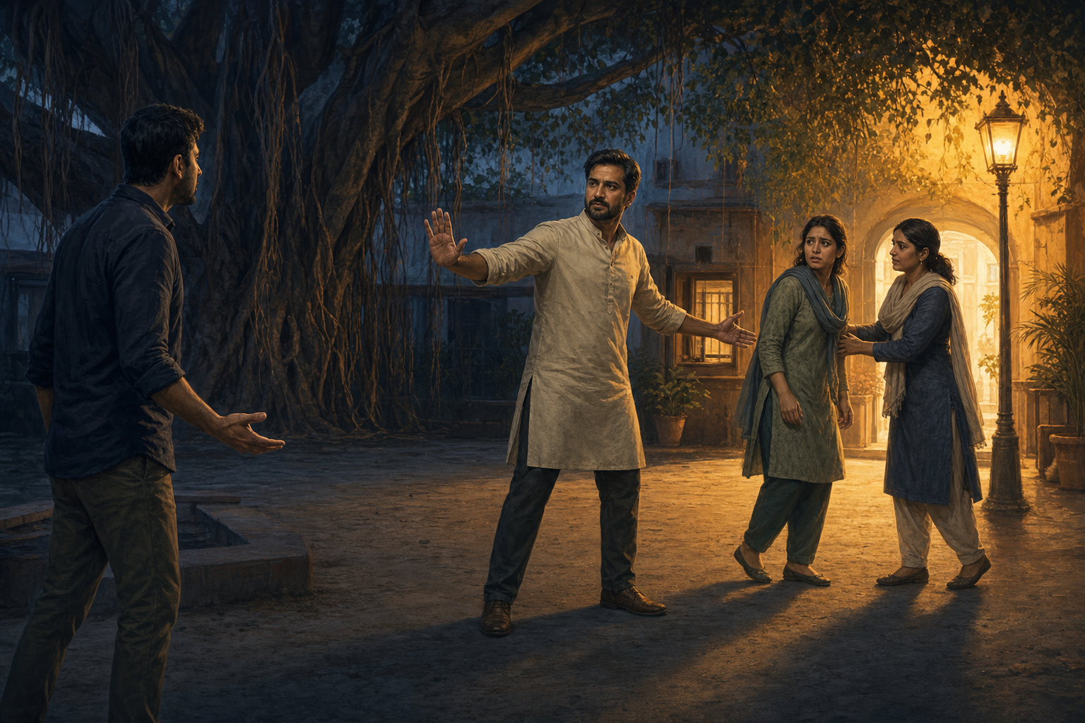 A calm protector uses an open hand to hold back an agitated person while a bystander guides a frightened young adult toward a lit exit.