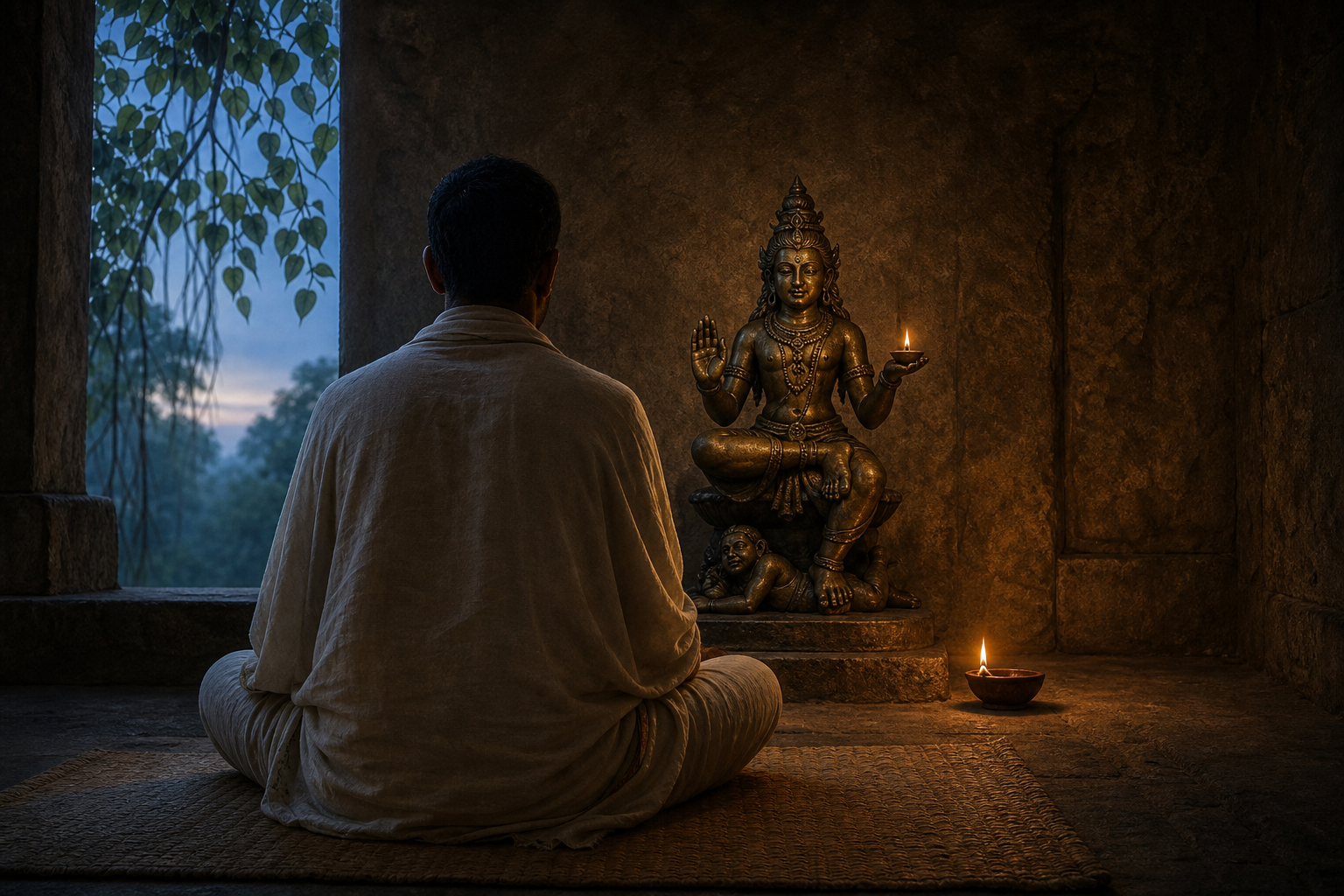 A practitioner meditates before a small bronze Samhara Dakshinamurti image illuminated by an oil lamp and cool dawn light.