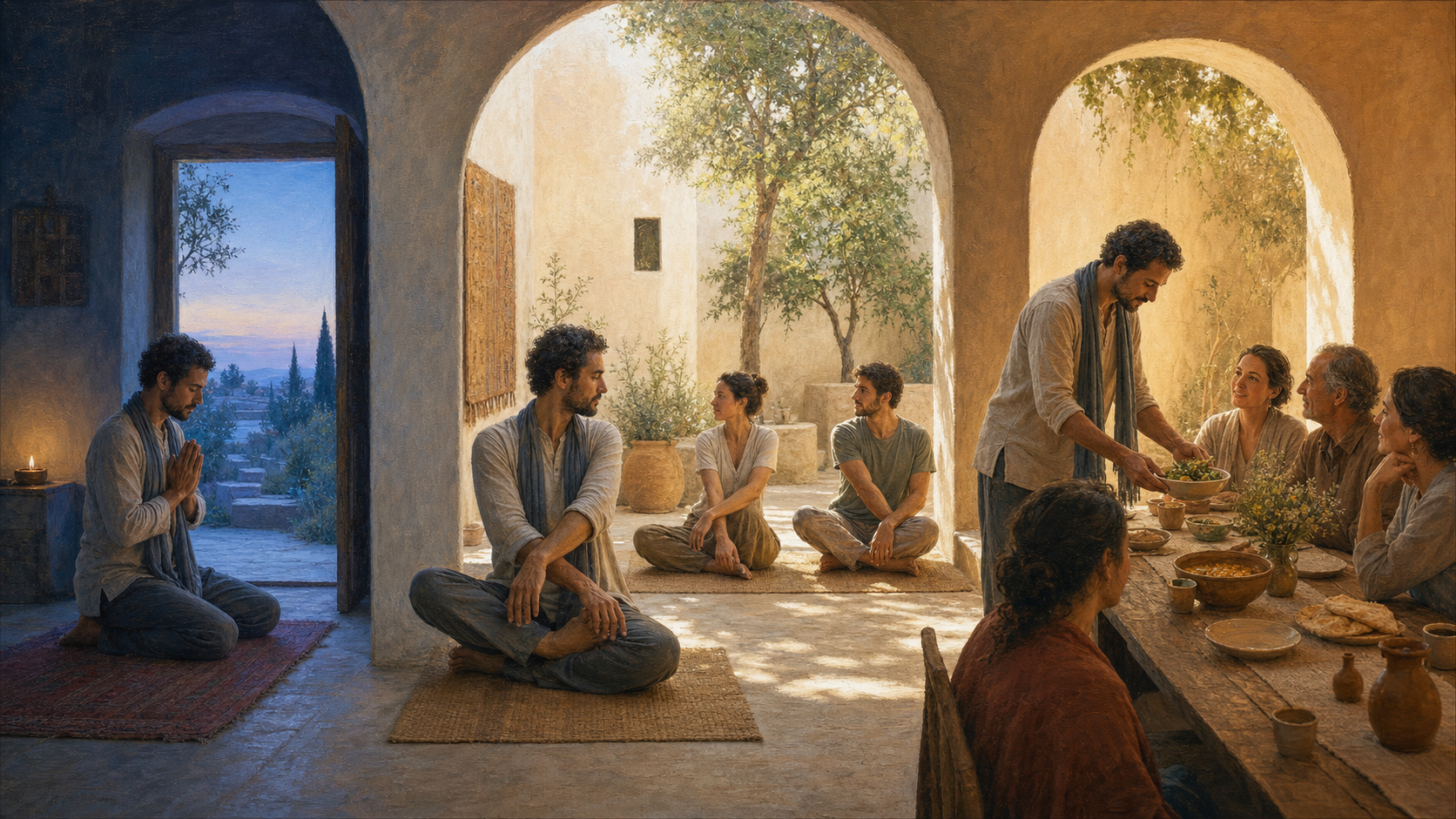 A practitioner is shown praying alone, practicing with two companions, and later serving a communal meal across three connected spaces.