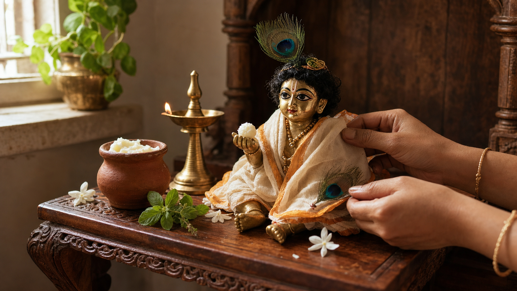 A devotee's hands tend a small Ladoo Gopal murti holding a butter ball on a home altar with a lamp, flowers, tulsi leaves, and a clay butter pot.