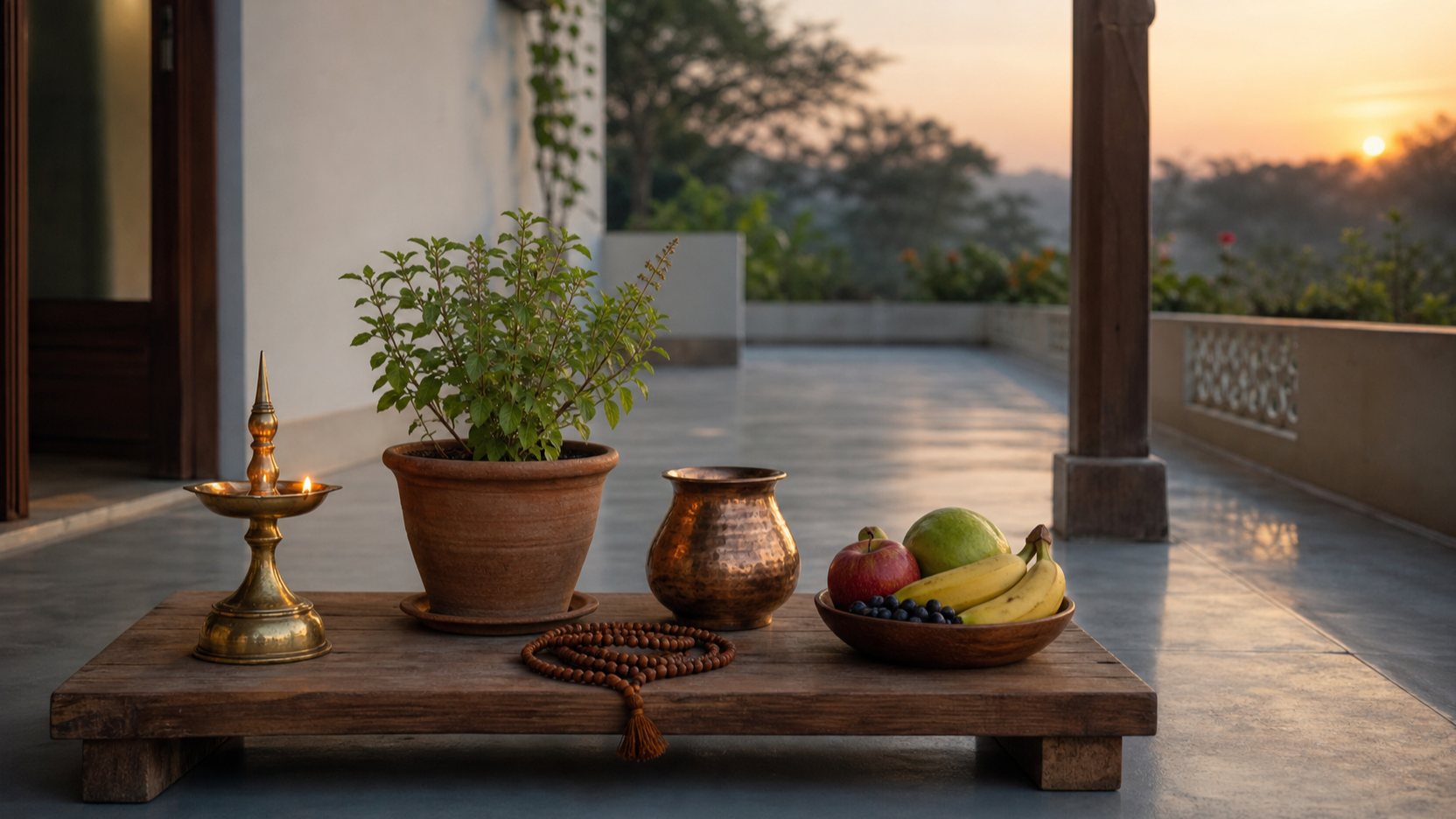 A brass oil lamp, tulsi plant, copper water vessel, prayer beads and bowl of fruit arranged on a veranda at dawn.