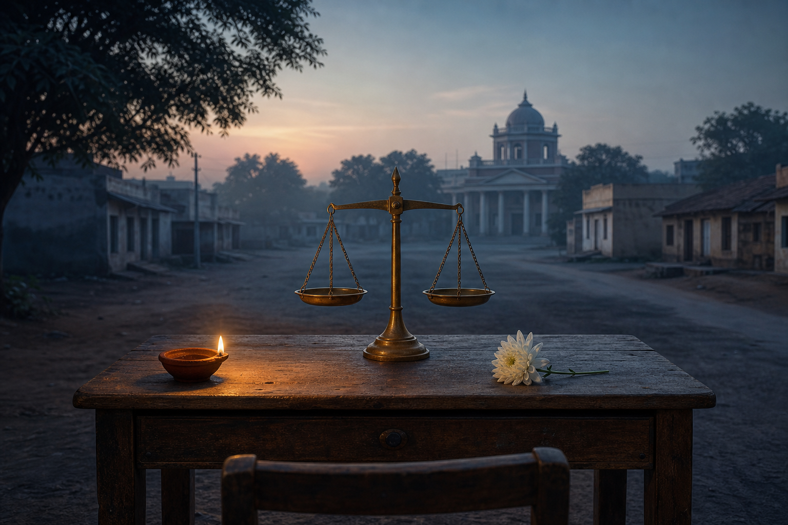 An empty school desk, a white flower, a clay lamp, and balanced scales of justice with a district courthouse in the background.