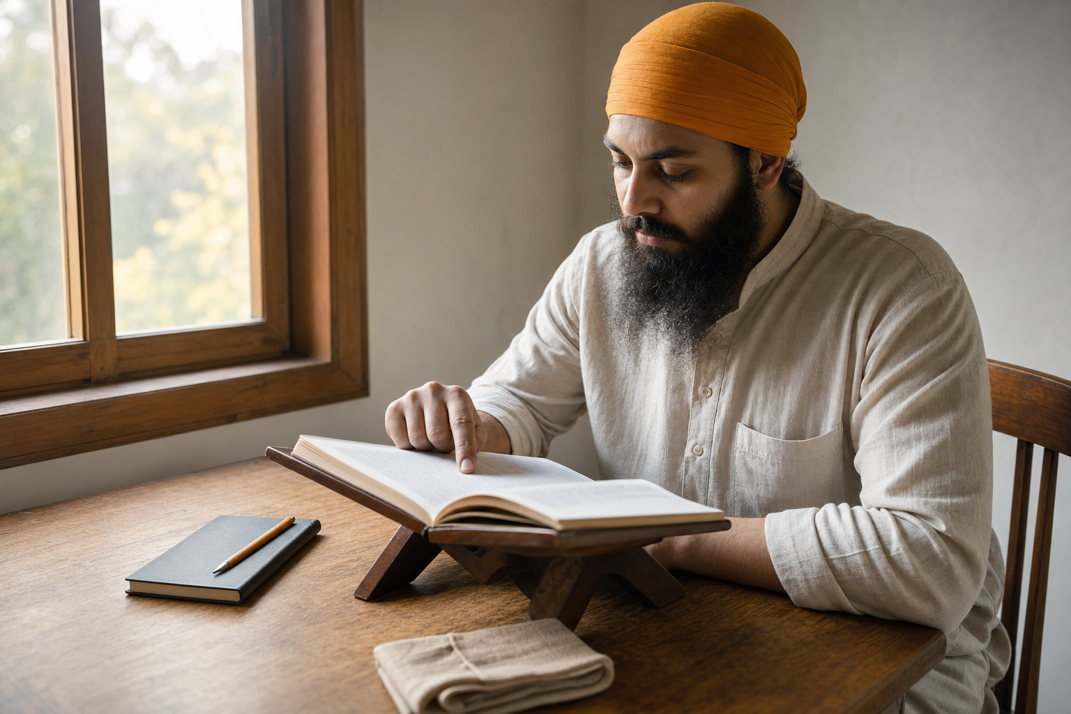 A Sikh learner in a head covering follows an open study booklet with one finger at a quiet, sunlit desk.