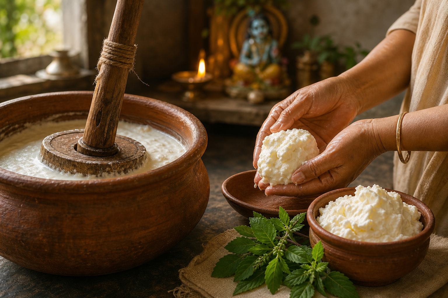 A small brass murti of crawling child Krishna holds a butter ball beside a clay bowl of white butter, jasmine petals, and a tulsi sprig.