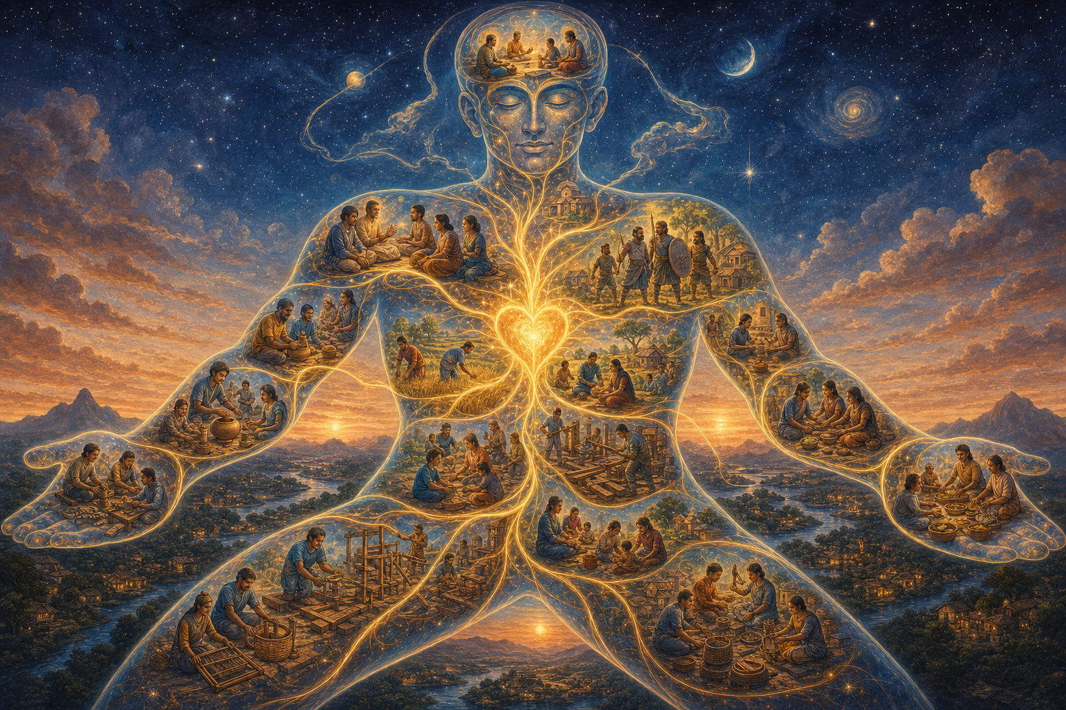 A translucent cosmic human figure containing interconnected scenes of teaching, farming, craftwork, protection, caregiving, and shared meals.