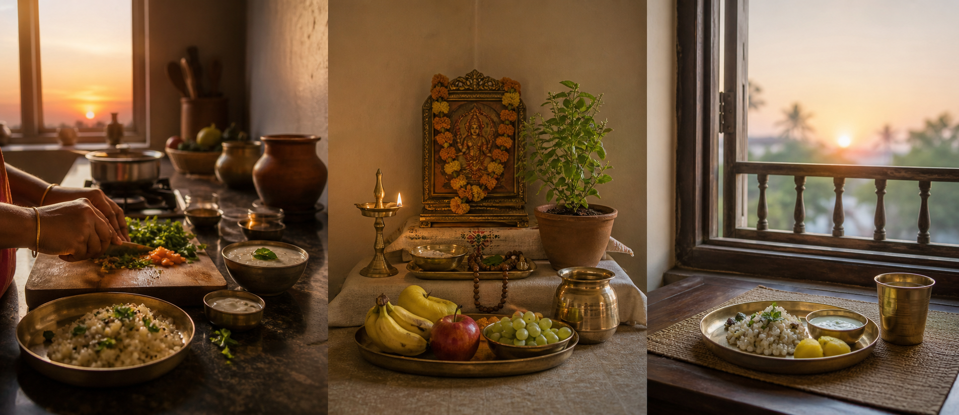 Three-part scene showing meal preparation at sunset, Ekadashi worship, and food waiting for the following morning's fast-breaking.