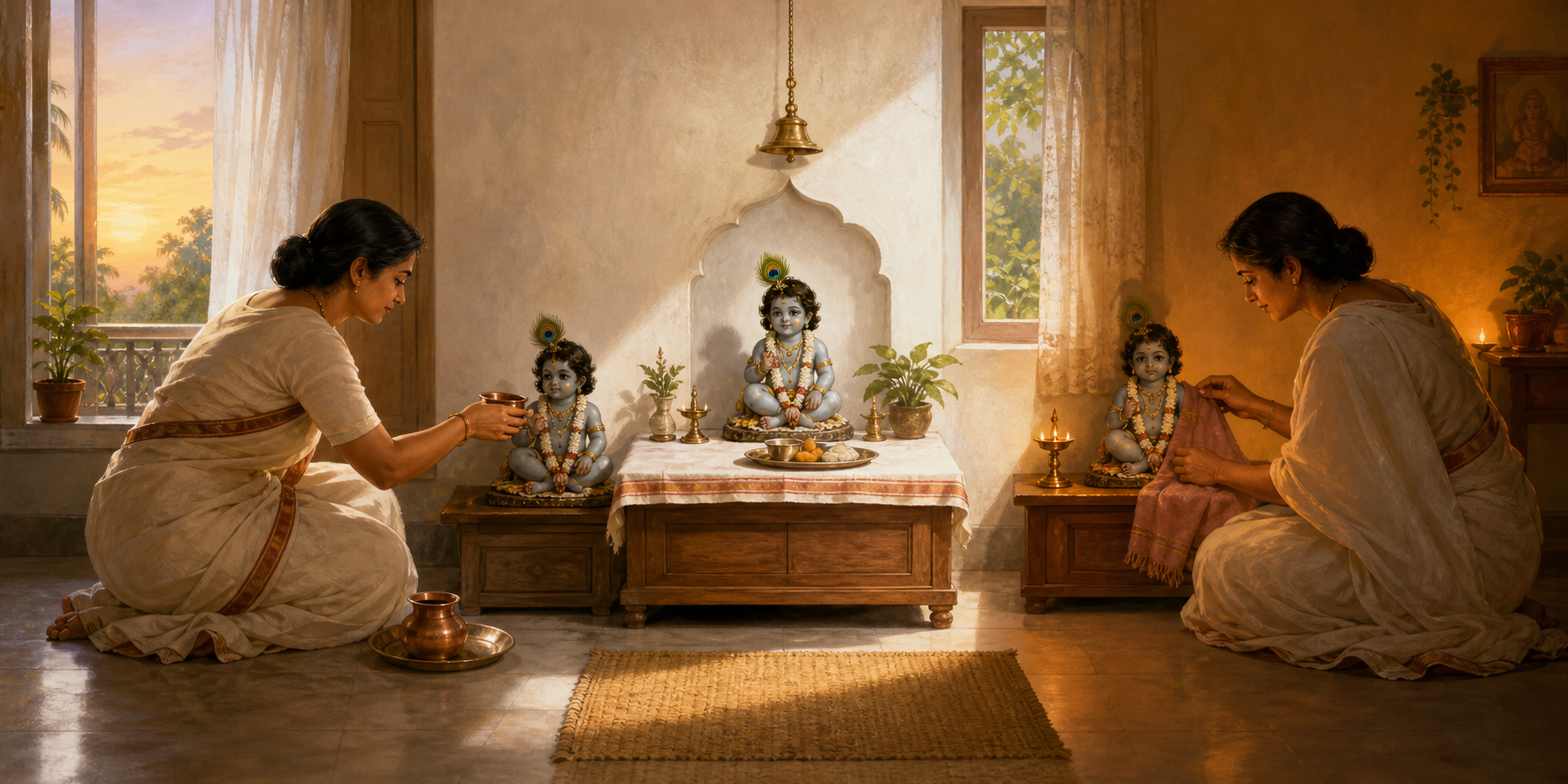 A devotee cares for the same small child Krishna altar through morning, daytime, and evening with water, food, clean cloth, and lamplight.