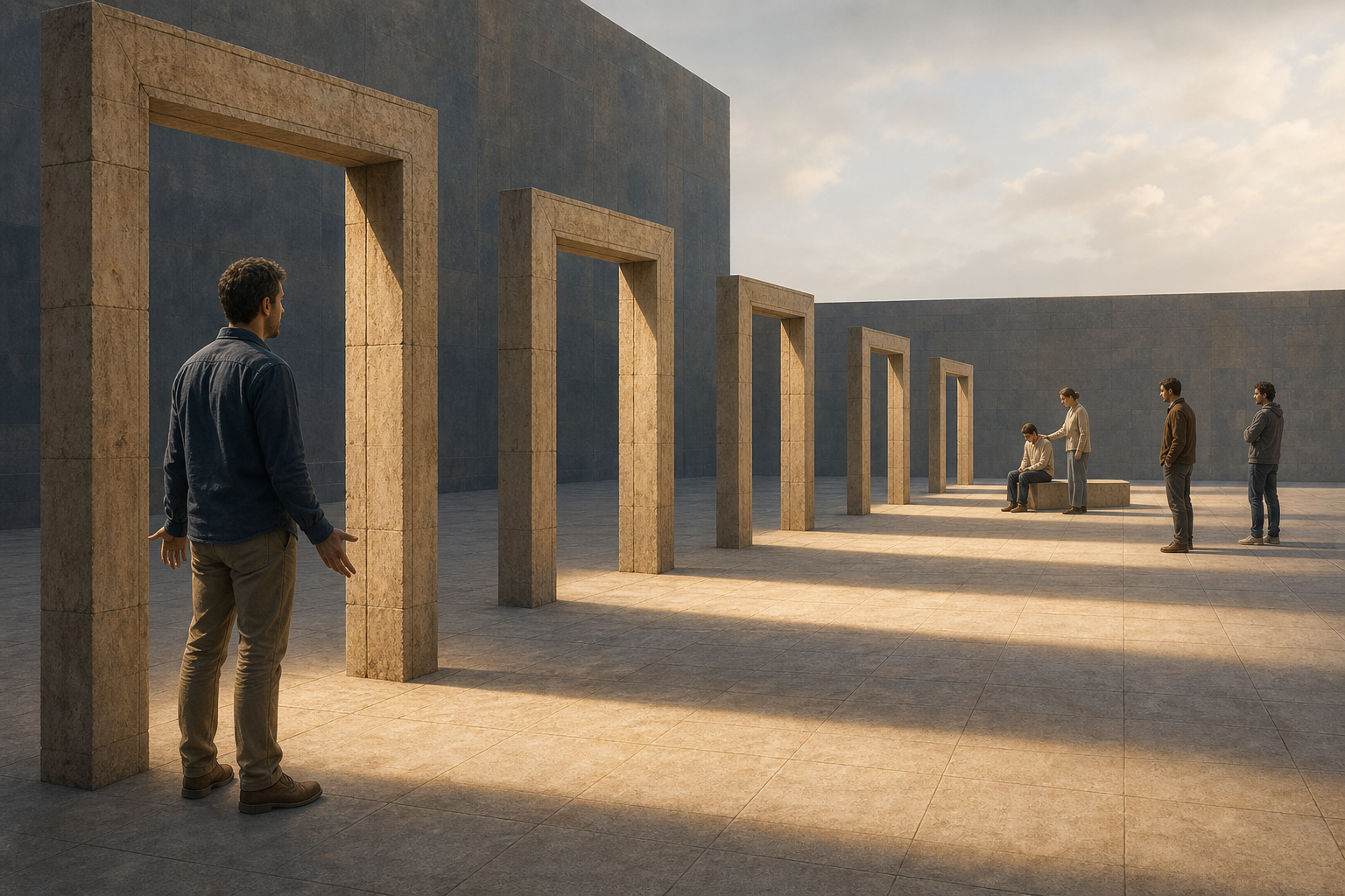 A person pauses before five aligned stone thresholds while looking toward a seated person and several other figures in a distant courtyard.