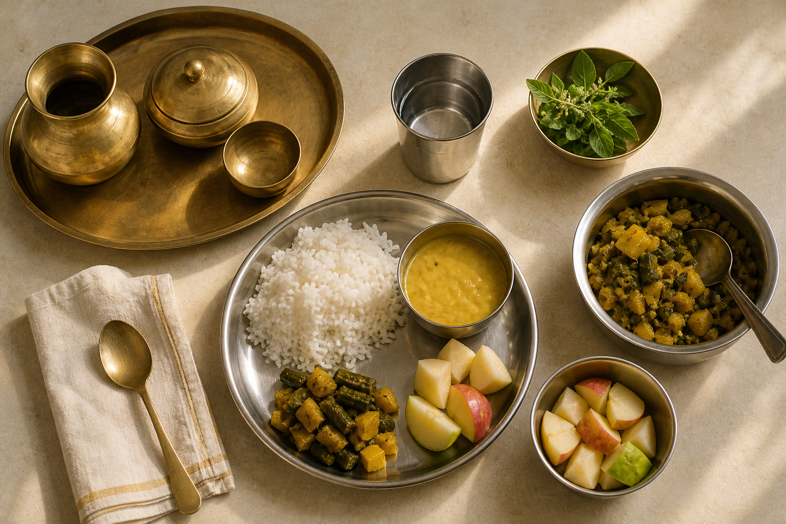 A simple sattvic meal with rice, dal, vegetables, fruit, water, and clean utensils prepared on Dashami.