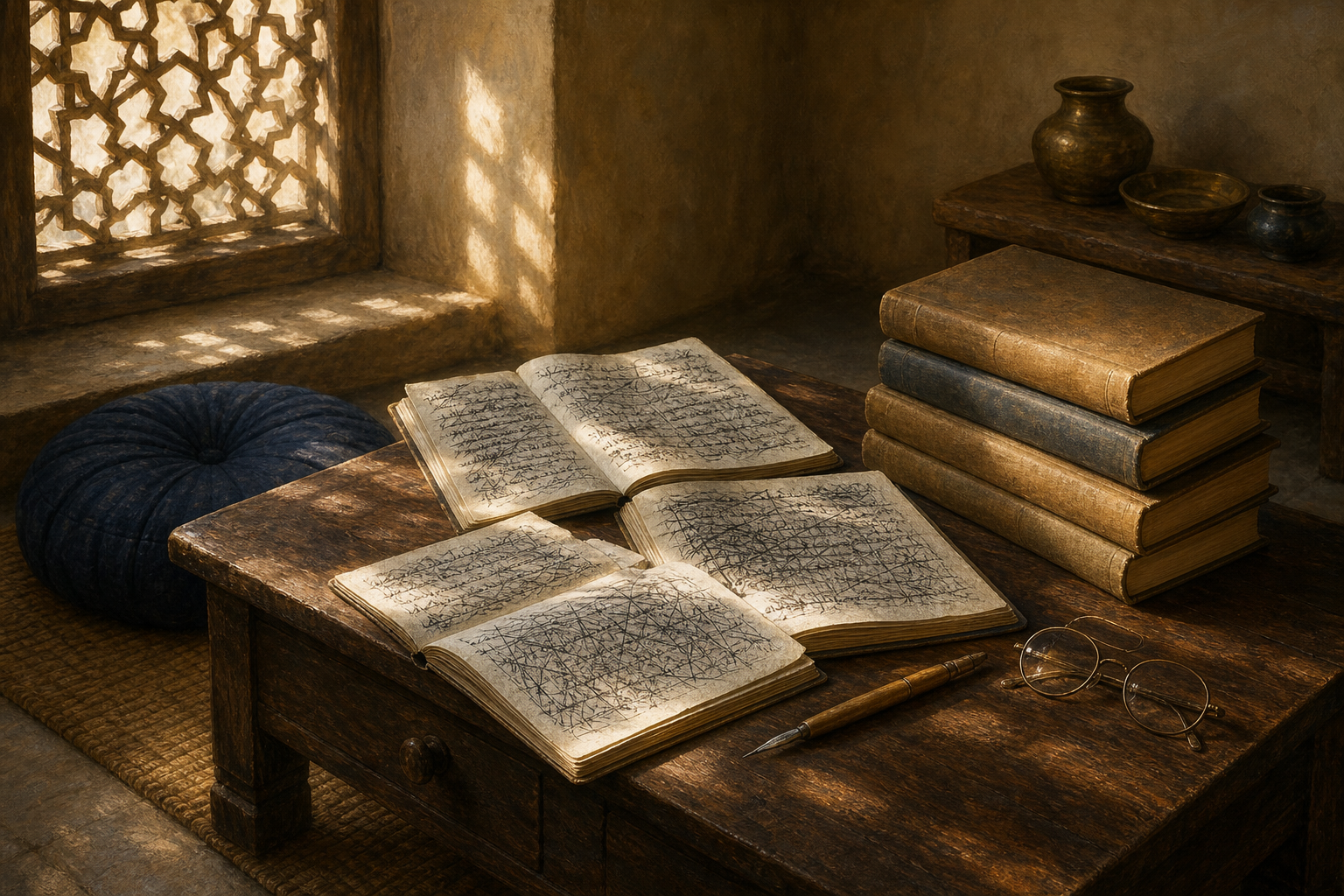 Open notebooks, philosophy books, spectacles and a meditation cushion rest on a low wooden desk in morning light.