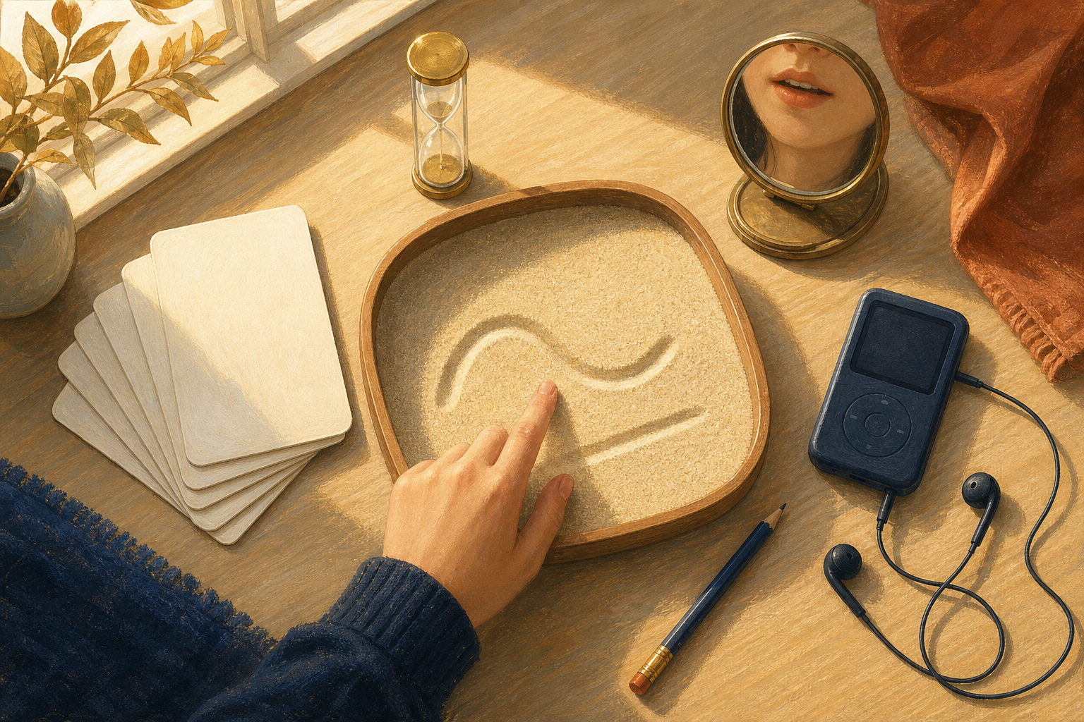 A hand traces an abstract curve in a sand tray beside face-down practice cards, earbuds, a mirror, a pencil, and a sand timer.