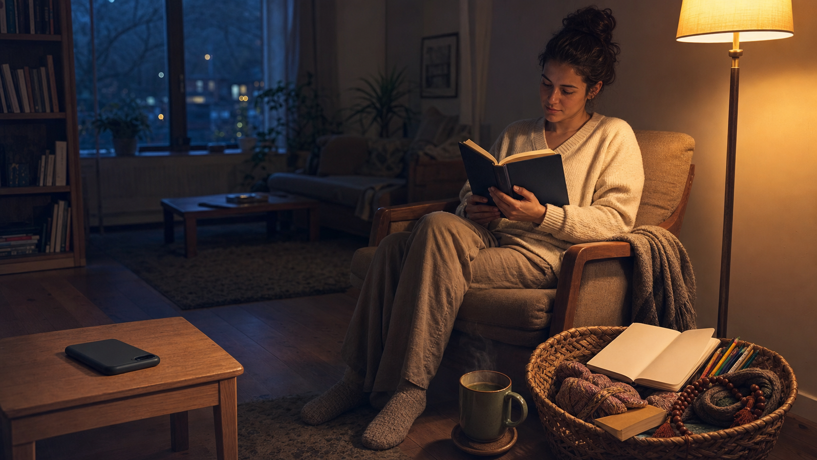A person reads beside a warm lamp while a phone lies face down across the room and a basket of screen-free activities sits nearby.