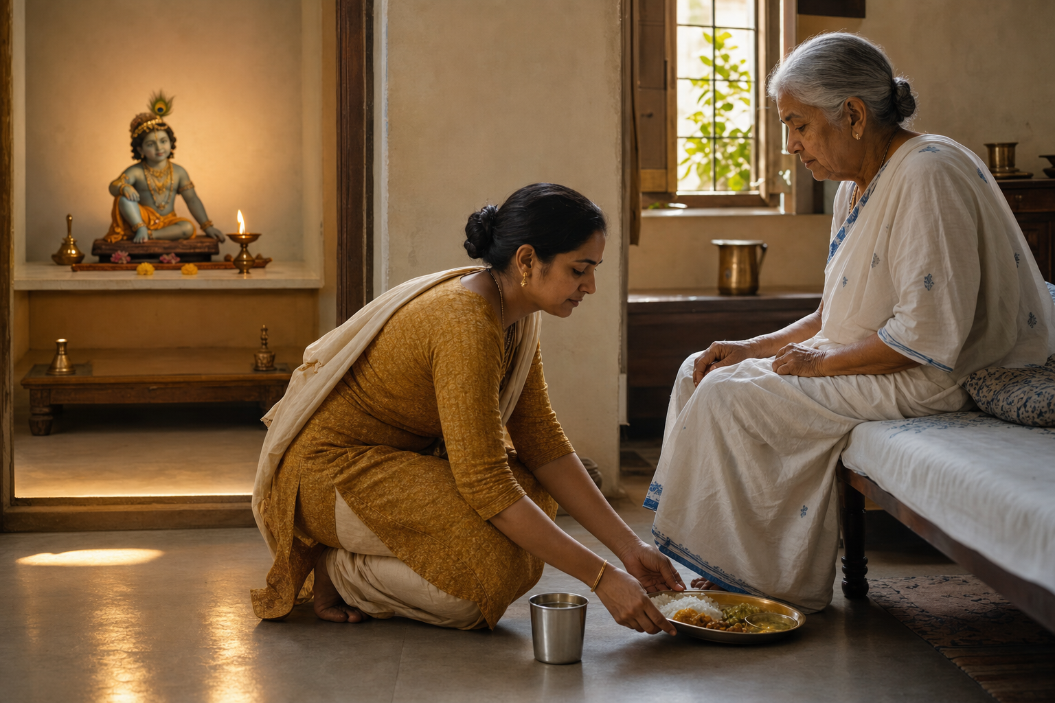 A devotee serves food and water to an elderly family member while a small child Krishna altar glows in the background.