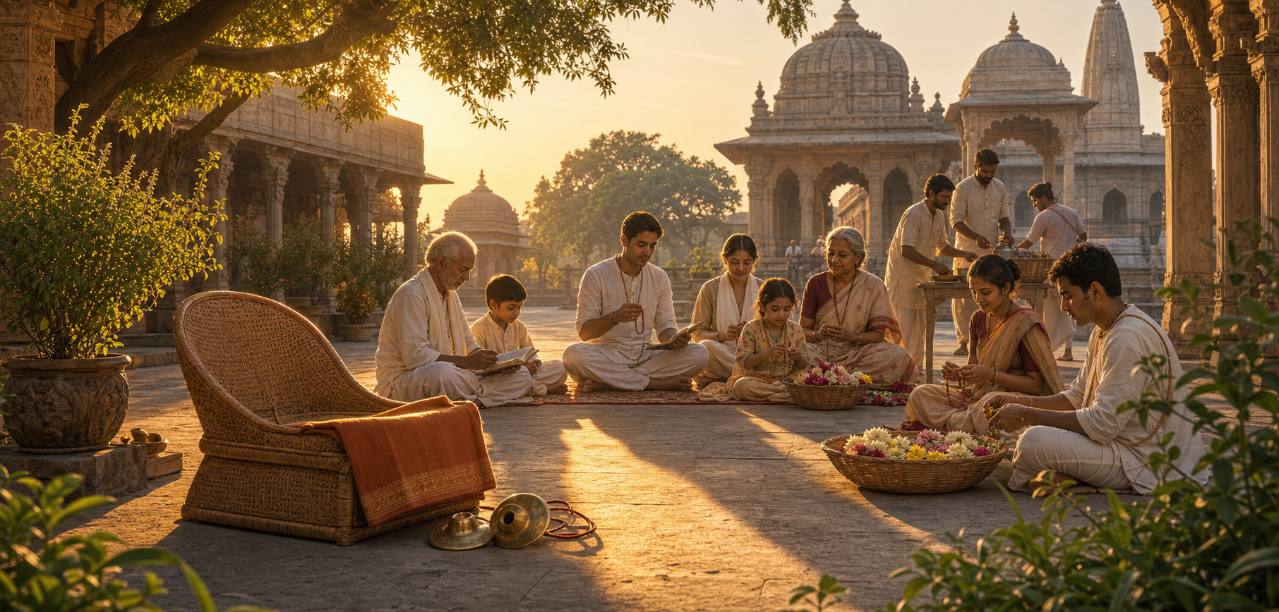 Devotees of different generations study, chant, make garlands, and serve together in a temple courtyard beside an unoccupied woven seat at dawn.