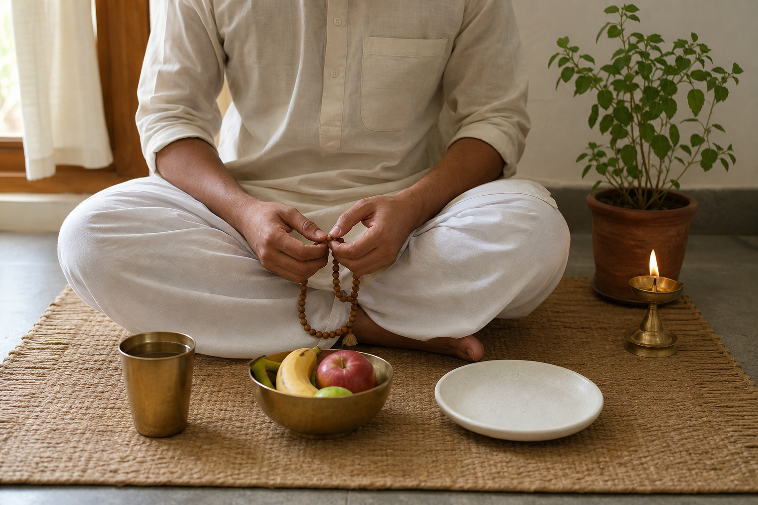 A seated devotee with prayer beads beside water, fruit, an empty plate, a tulsi plant, and an oil lamp.